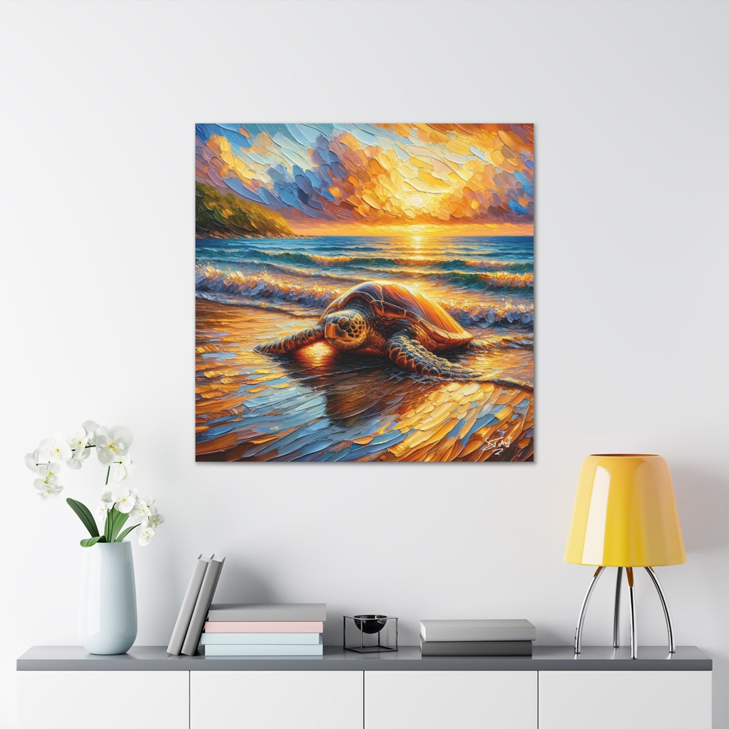 Art Print, Turtle at Sunset, Caribbean Wildlife, Oil Finish, Caribbean Nature, Culture, Heritage, Canvas Gallery Wrap