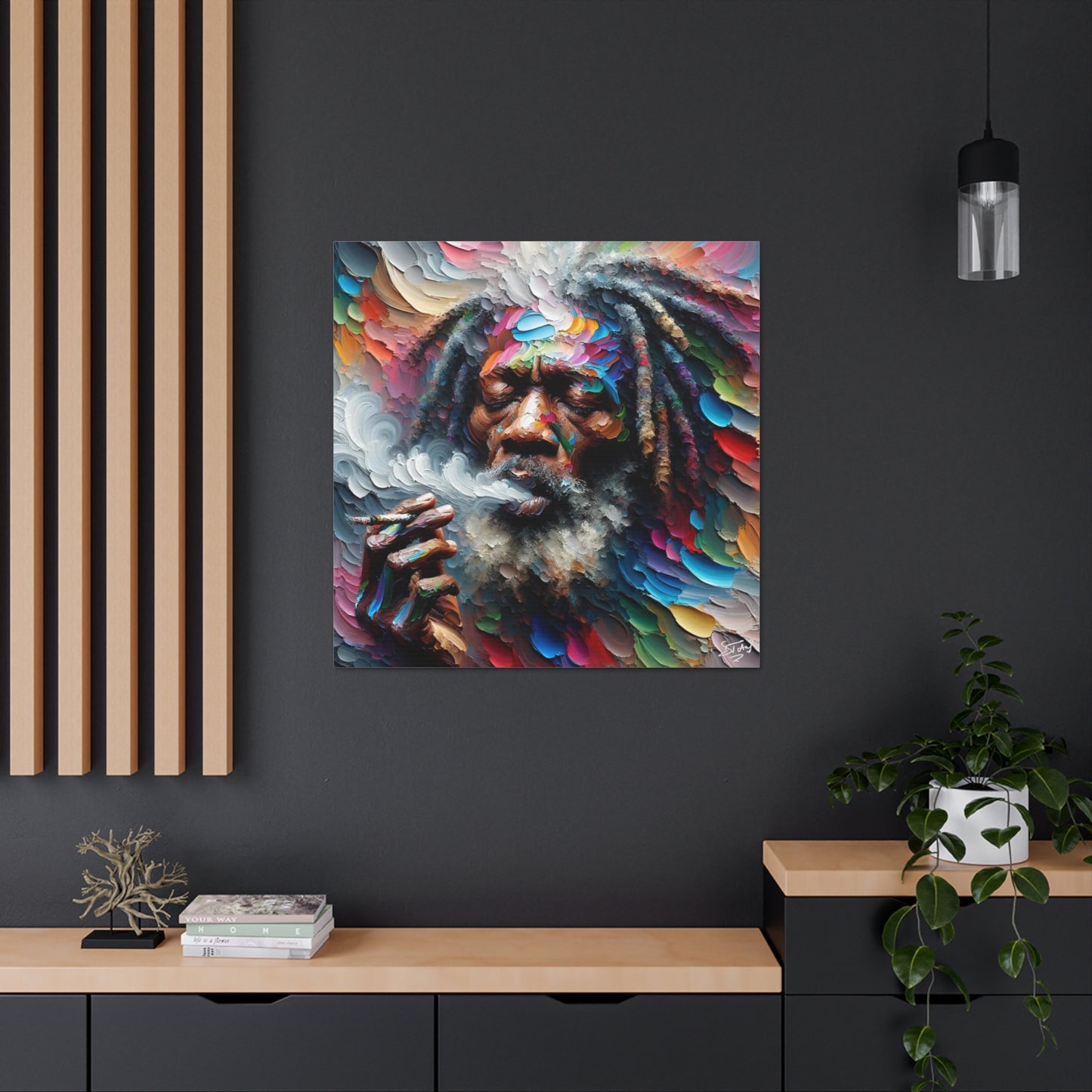 Art Print, "Rastaman Live Up (2)" Oil Finish, West Indian Ethnicity, Cultural, Heritage, Semi-Abstract, Canvas Gallery Wrap