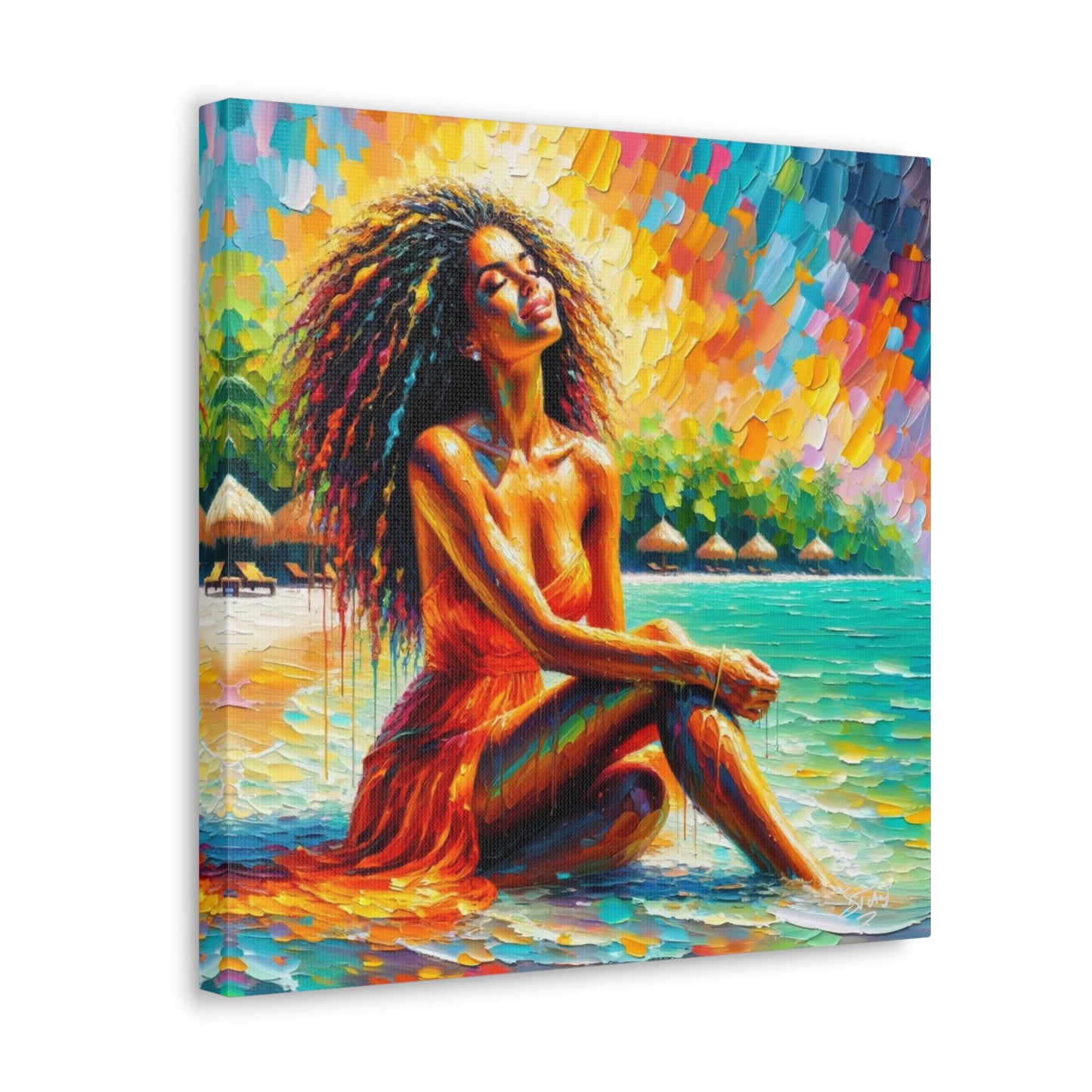 Art Print, Indo-Caribbean Woman, "Chilling on the Beach" Oil Finish, West Indian Ethnicity, Cultural, Heritage, Abstract, Canvas Gallery Wrap