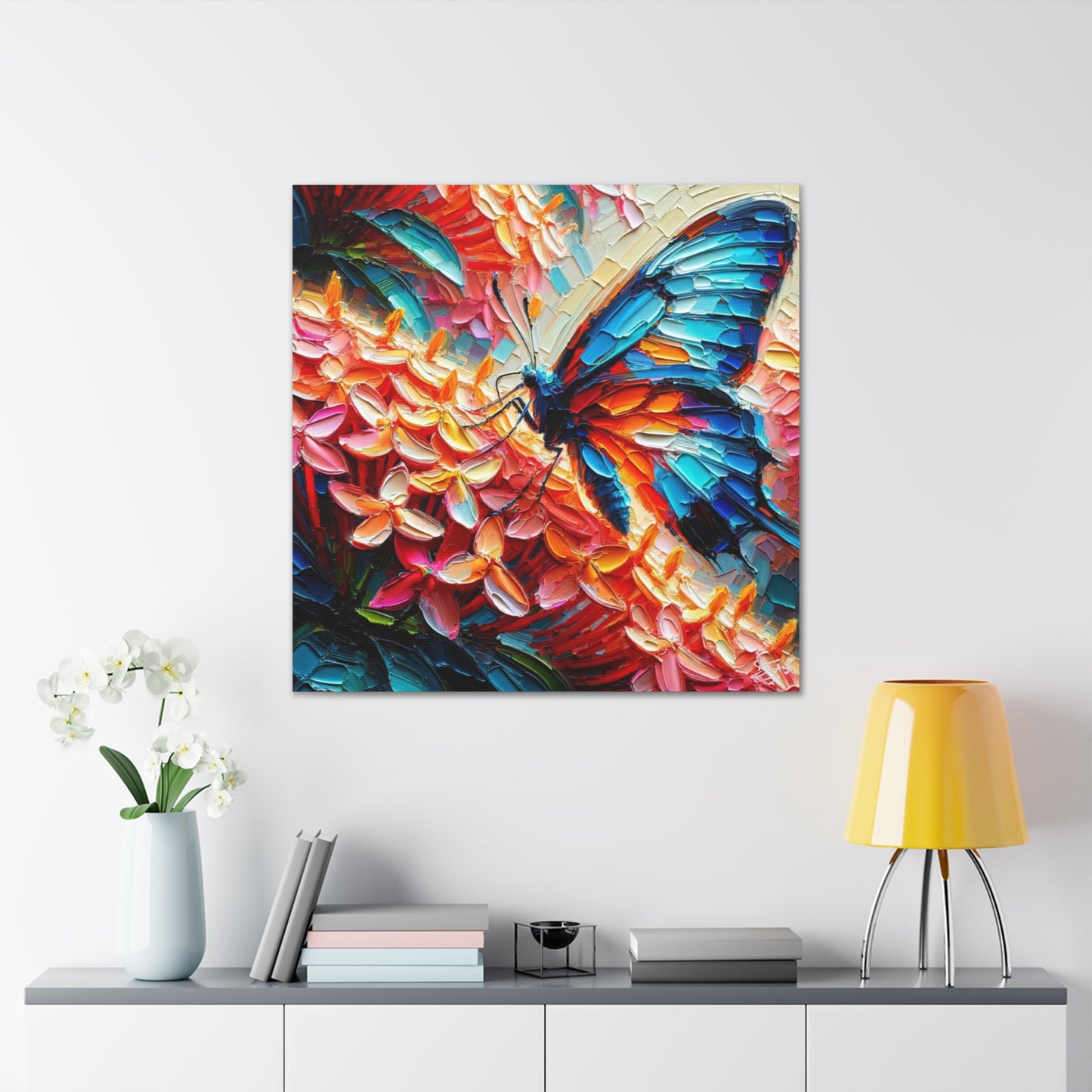 Art Print, Butterfly on Ixoras, Oil Finish, Caribbean Nature, Cultural, Heritage, Semi-Abstract, Canvas Gallery Wrap