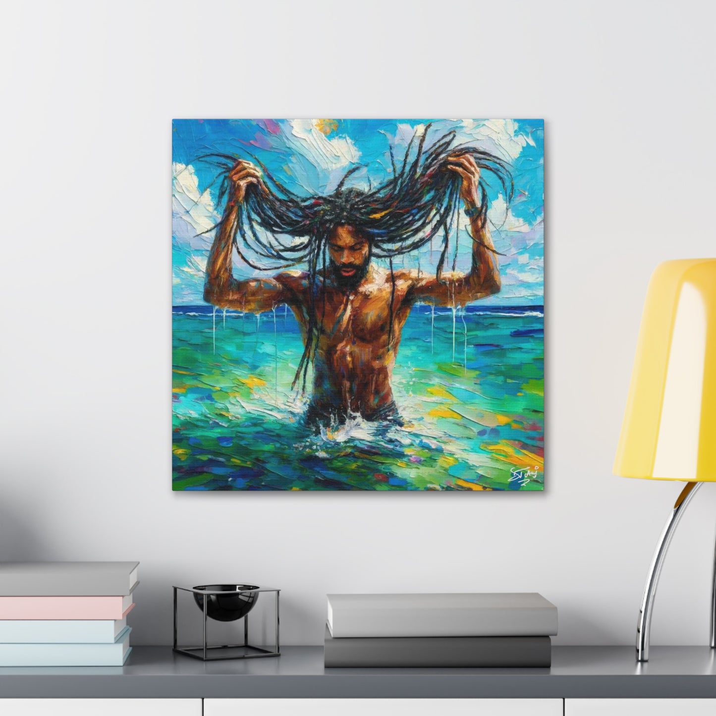 Art Print, Afro-Caribbean Man "Chilling in the Ocean" Oil Finish, West Indian Ethnicity, Cultural, Heritage, Semi-Abstract, Canvas Gallery Wrap