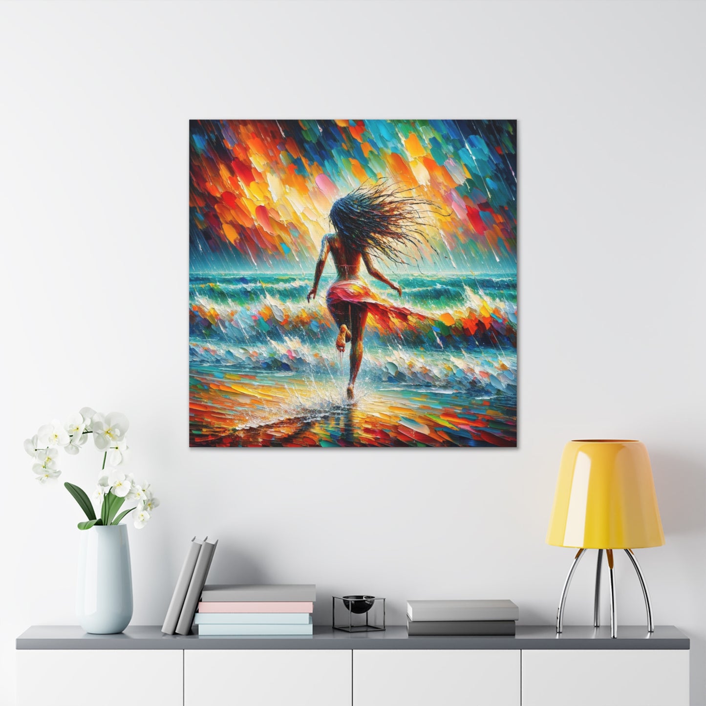 Art Print#6, East Indian Woman from Trinidad running into the Atlantic Ocean, Caribbean, Oil Finish, West Indian Art, Canvas Gallery Wraps