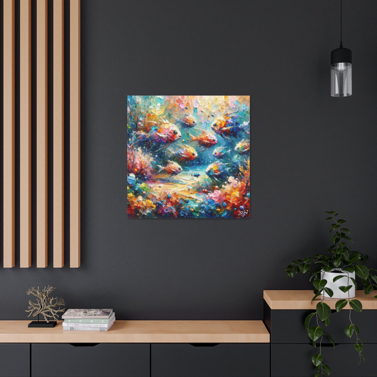 Art Print, Fishes in Coral Reef, Oil Finish, Caribbean Nature, Semi-Abstract, Canvas Gallery Wrap