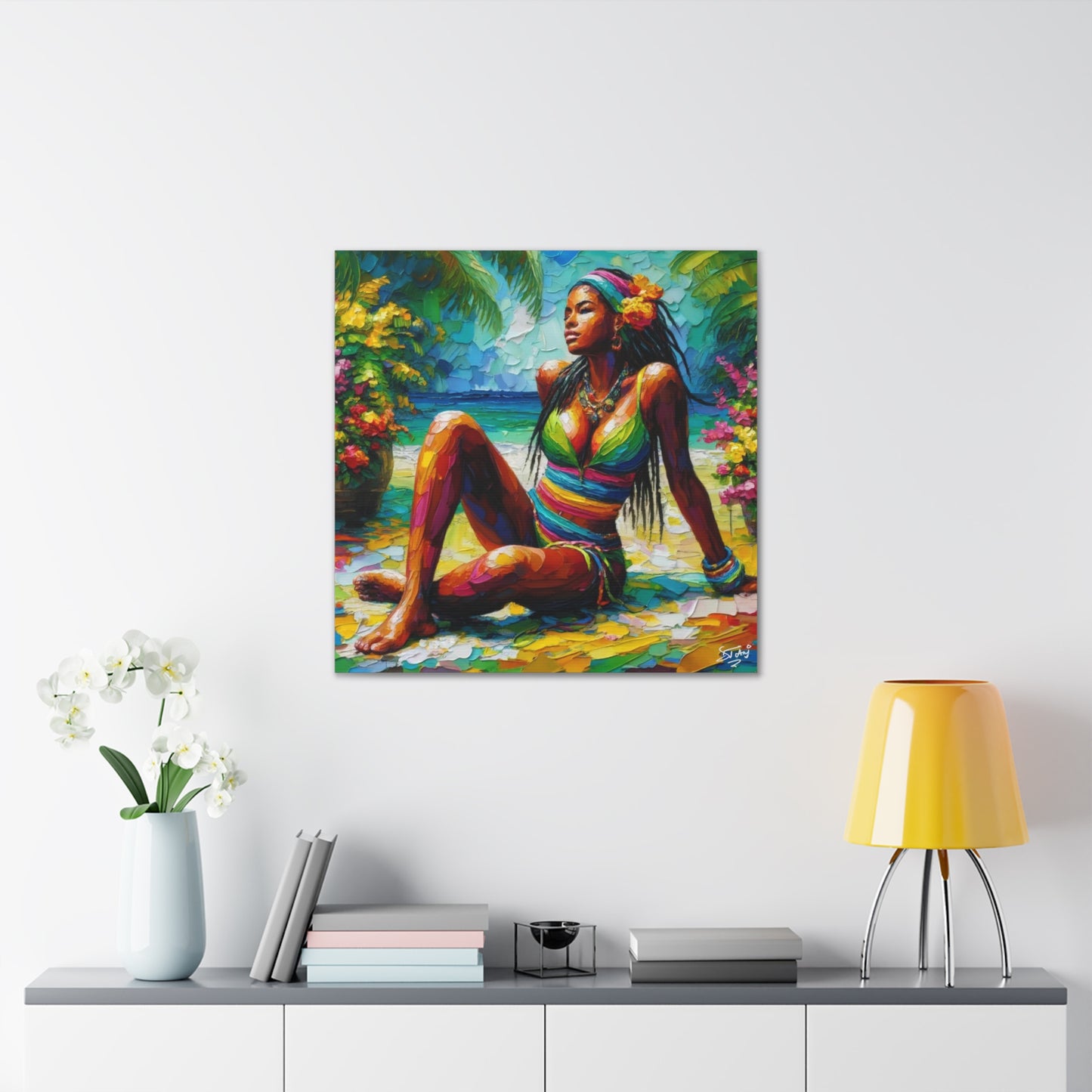 Art Print, Caribbean Woman, "Relaxing" Oil Finish, West Indian Ethnicity, Cultural, Heritage, Abstract, Canvas Gallery Wrap