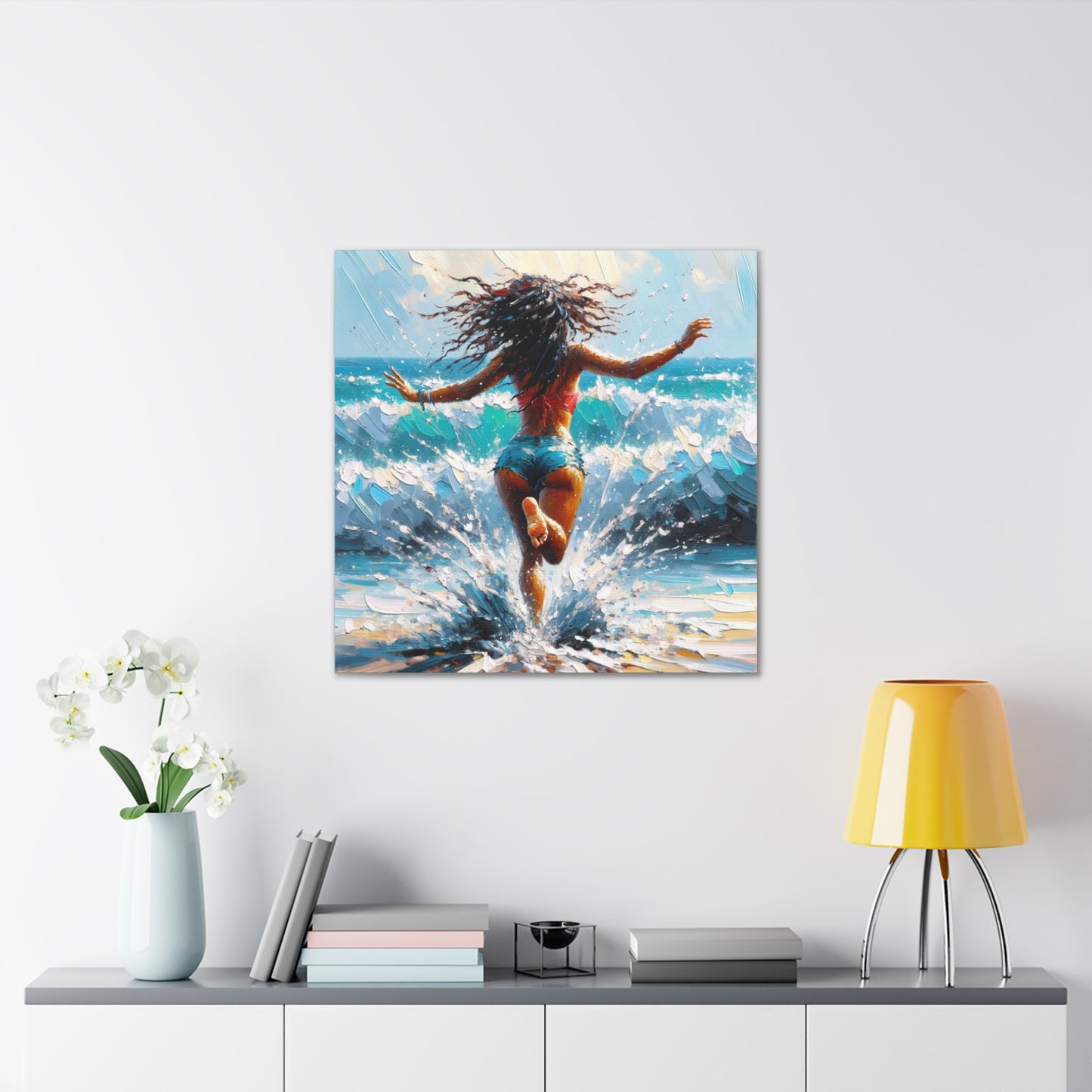 Art Print, East Indian Woman from Trinidad running into the Atlantic Ocean, Caribbean, Oil Finish, West Indian Art, Canvas Gallery Wraps