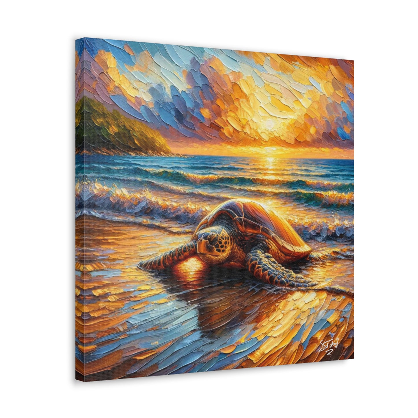 Art Print, Turtle at Sunset, Caribbean Wildlife, Oil Finish, Caribbean Nature, Culture, Heritage, Canvas Gallery Wrap