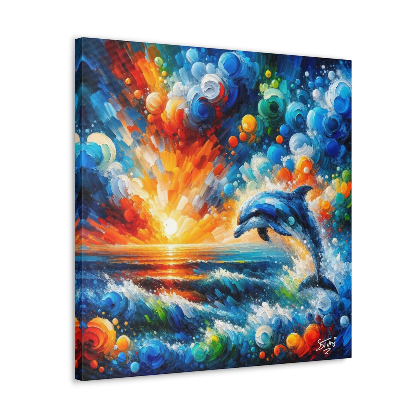 Art Print, Dolphin at Sunset, Abstract Oil Finish, Caribbean Nature, Canvas Gallery Wrap