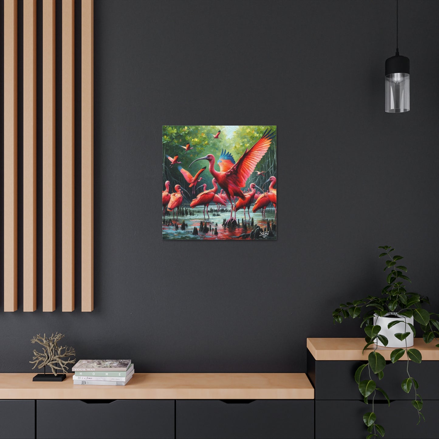 Art Print#2, Scarlet Ibises in Their Natural Mangrove Habitat in Trinidad and Tobago, Caribbean, West Indian Art, Canvas Gallery Wraps