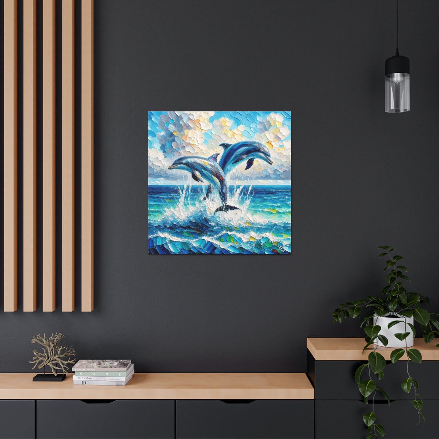 Art Print, Two Dolphins, Oil Finish, Caribbean Nature, Canvas Gallery Wrap