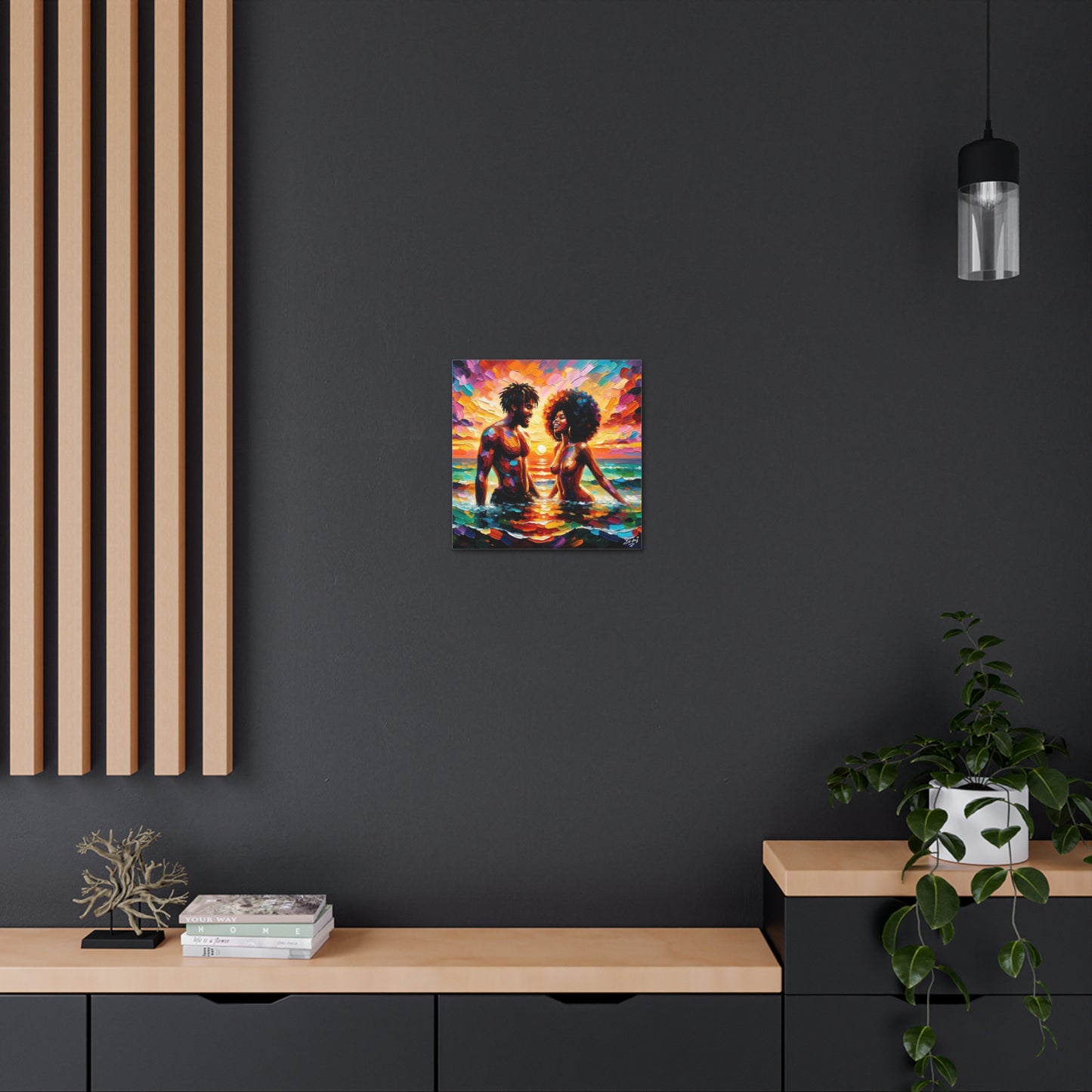 Art Print, Afro-Caribbean Couple in the Sea, Oil Finish, West Indian Ethnicity, Cultural, Heritage, Semi-Abstract, Canvas Gallery Wrap