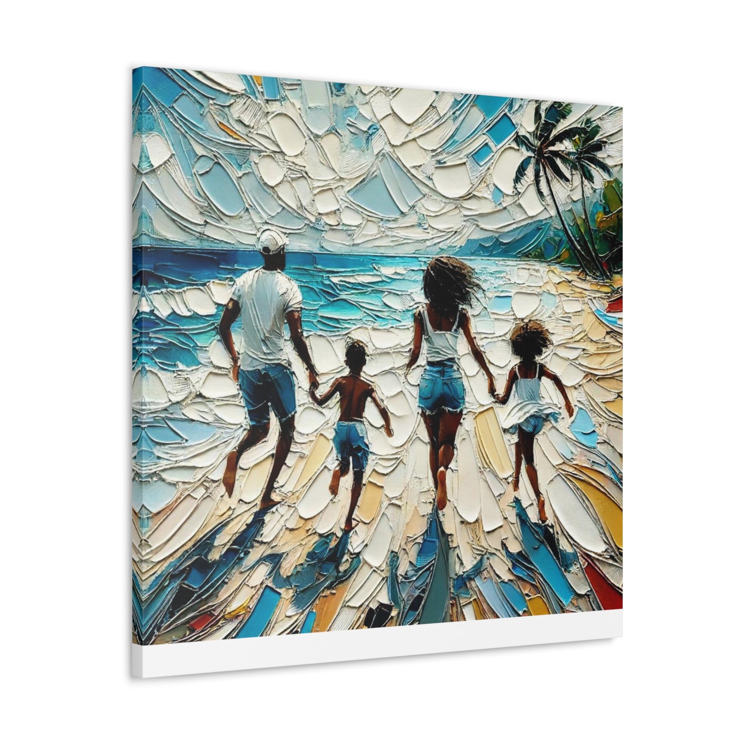 Art Print, Afro-Caribbean Family "Running on the Beach," Oil Finish, West Indian Ethnicity, Cultural, Heritage, Semi-Abstract, Canvas Gallery Wrap