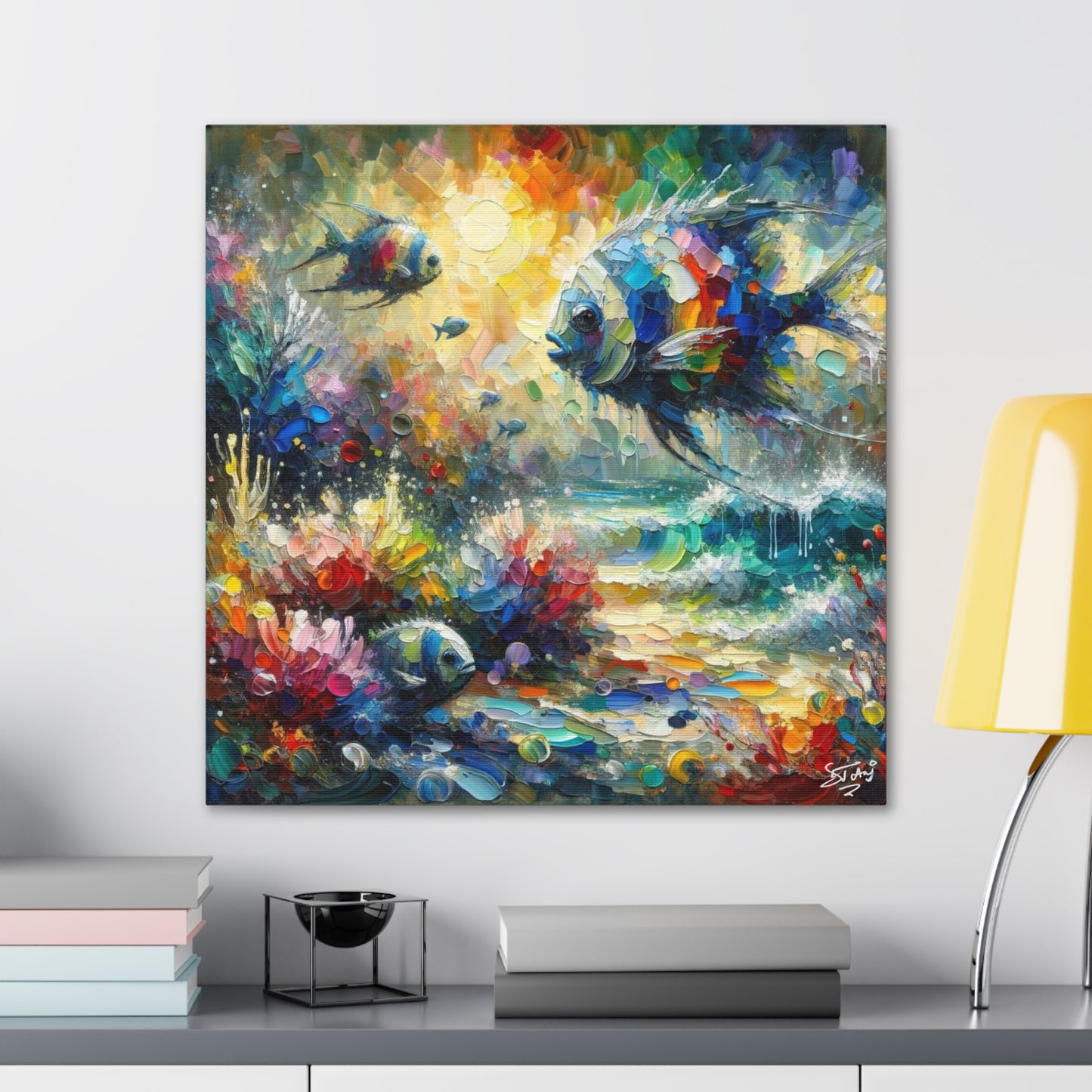 Art Print, Fishes in Coral Reef (2), Oil Finish, Caribbean Nature, Semi-Abstract, Canvas Gallery Wrap