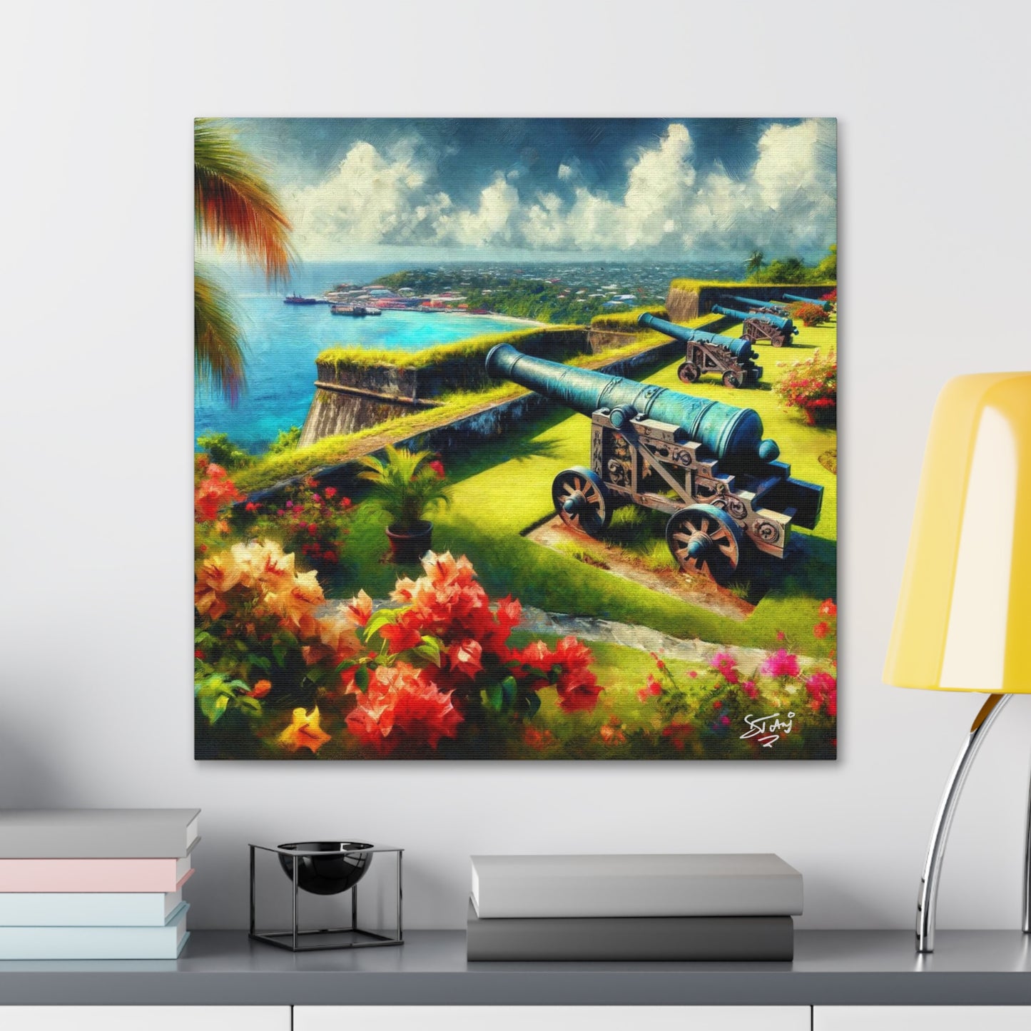 Art Print, Fort on Caribbean Island, Oil Painting, West Indian Ethnicity, Cultural, Heritage, Canvas Gallery Wrap