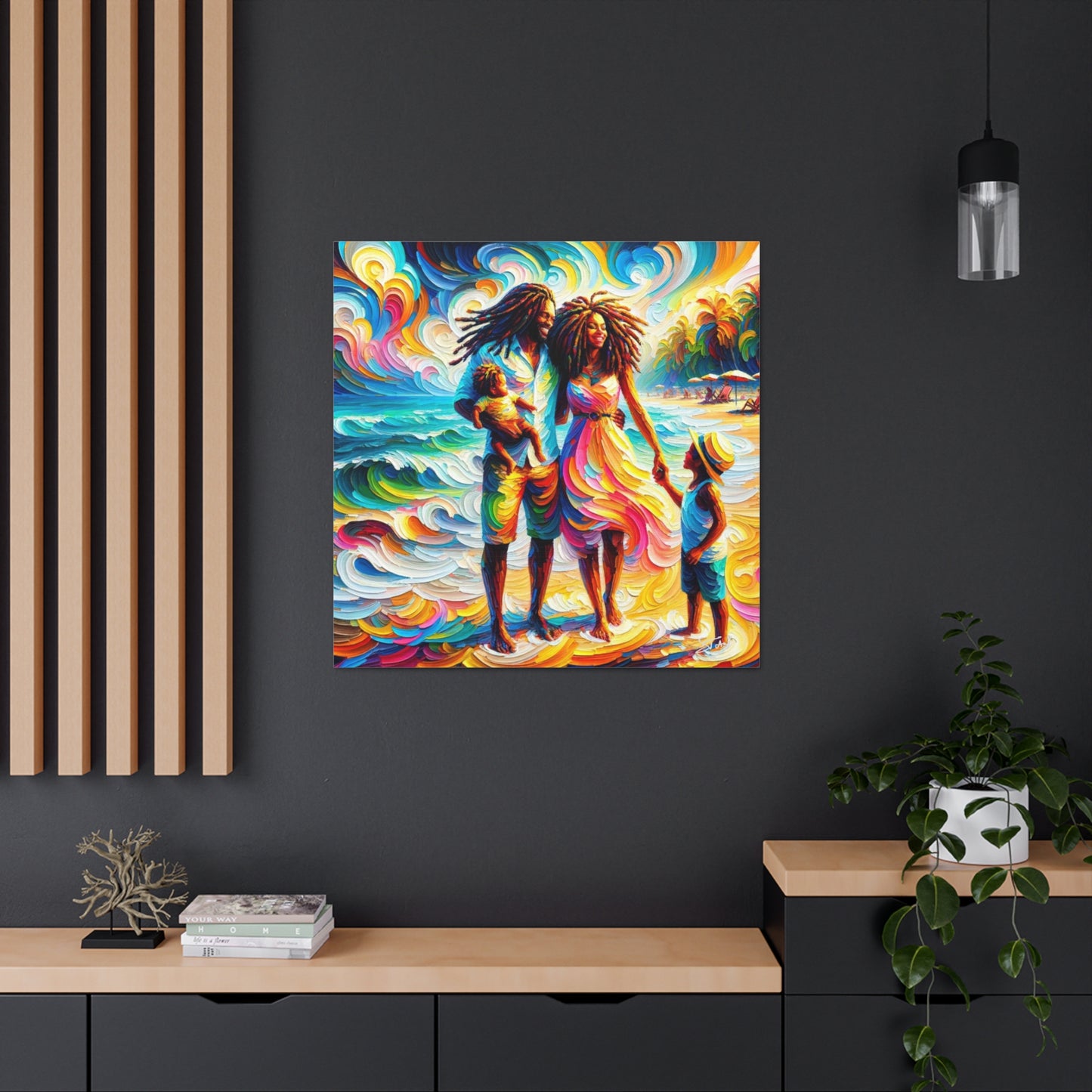 Art Print, Afro-Caribbean Family "Walking on the Beach," Oil Finish, West Indian Ethnicity, Cultural, Heritage, Semi-Abstract, Canvas Gallery Wrap