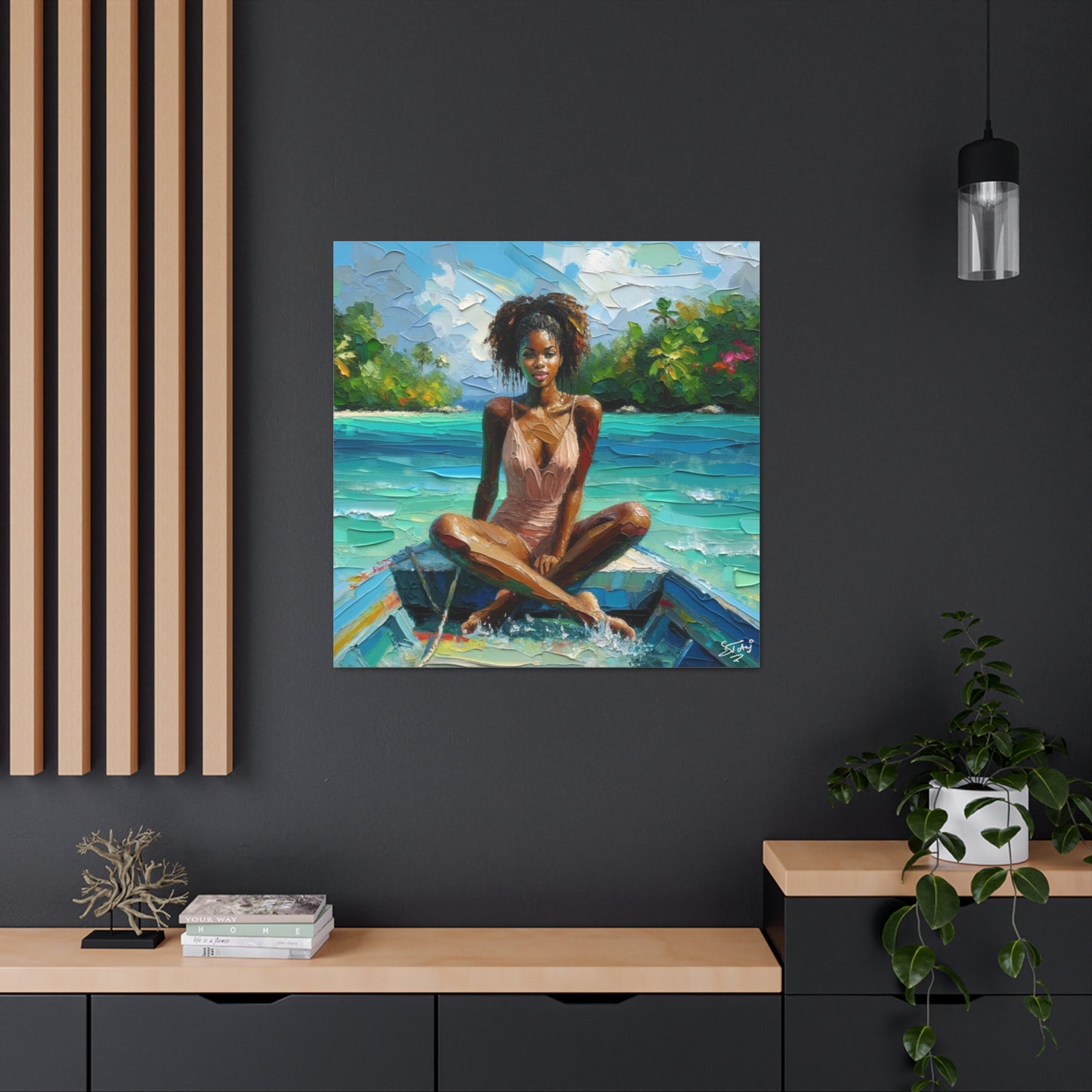 Art Print, Caribbean Woman "Chilling in the Boat" Oil Finish, West Indian Ethnicity, Cultural, Heritage, Semi-Abstract, Canvas Gallery Wrap