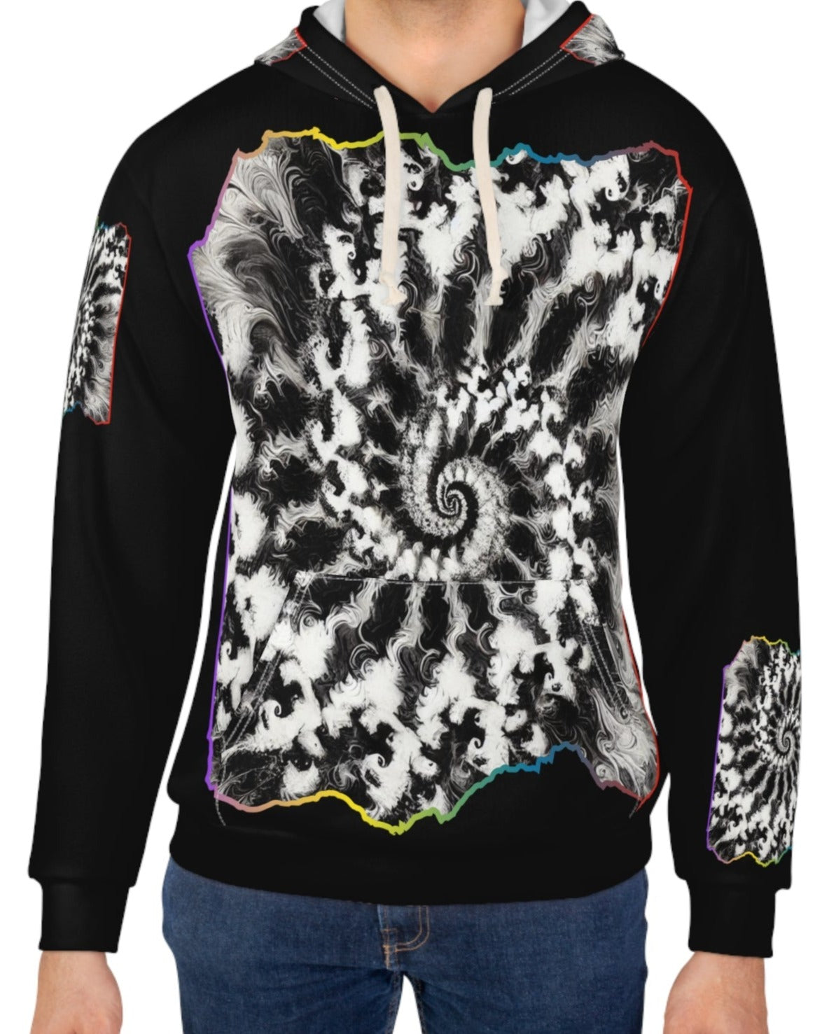 Unisex Pullover Hoodie (AOP) "B&W Tie-Dye Abstract Print"