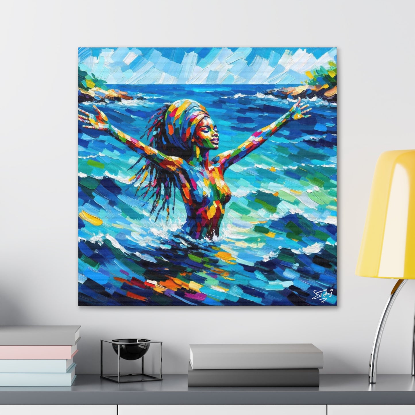 Art Print, Black Woman, Sea Bath, Oil Finish, Caribbean Nature, Semi-Abstract, Canvas Gallery Wrap