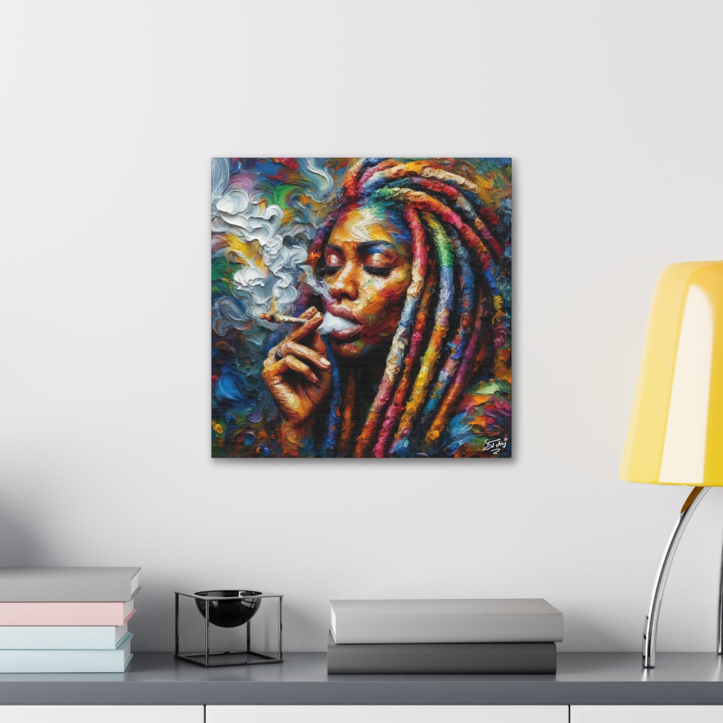 Art Print of Rasta-Woman Smoking, Oil Finish, West Indian Ethnicity, Cultural, Heritage, Afro-Caribbean Man, Semi-Abstract, Canvas Gallery Wrap