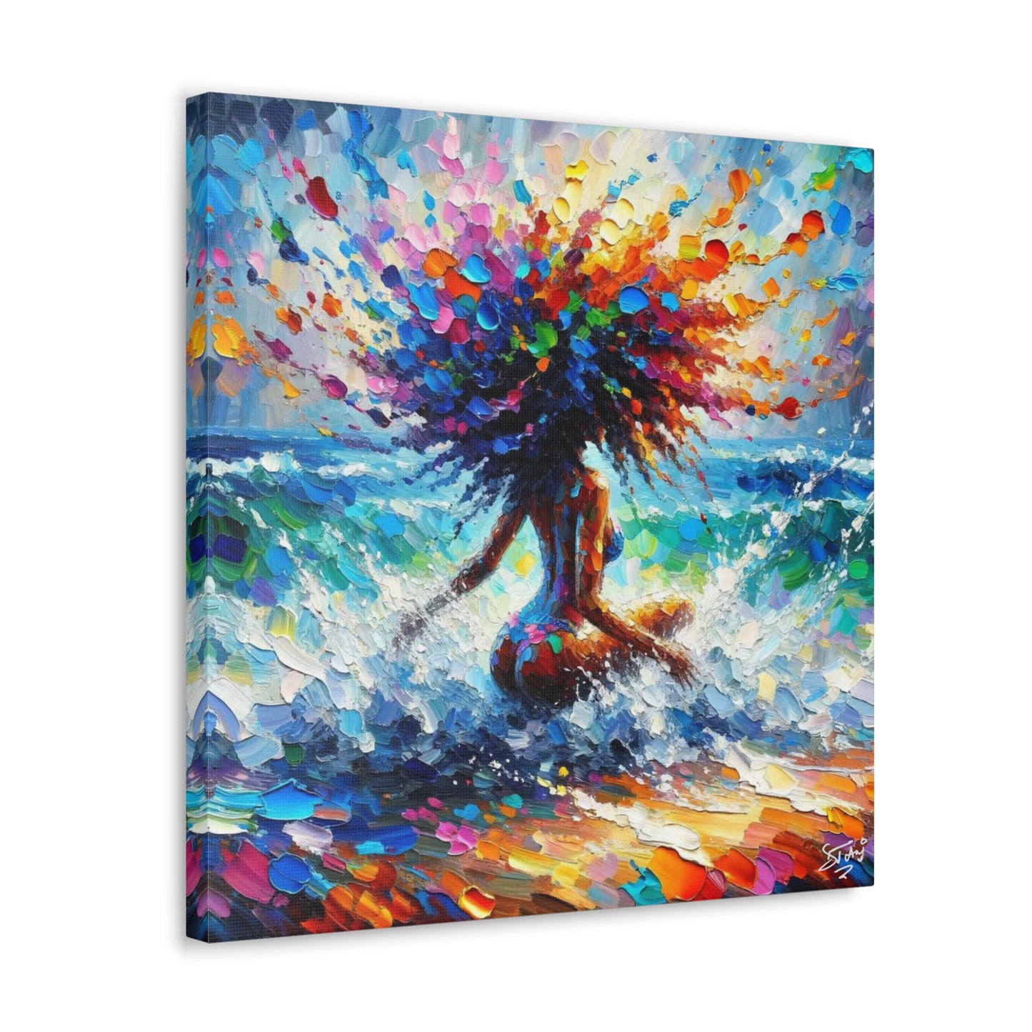 Art Print, Afro-Caribbean Woman, "Splashing Fun" Oil Finish, West Indian Ethnicity, Cultural, Heritage, Abstract, Canvas Gallery Wrap