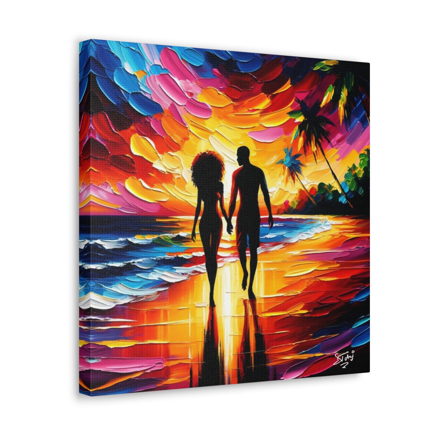 Art Print, Caribbean Couple, "Walking on the Beach" Semi-Abstract Oil Finish, West Indian Ethnicity, Cultural, Heritage, Abstract, Canvas Gallery Wrap