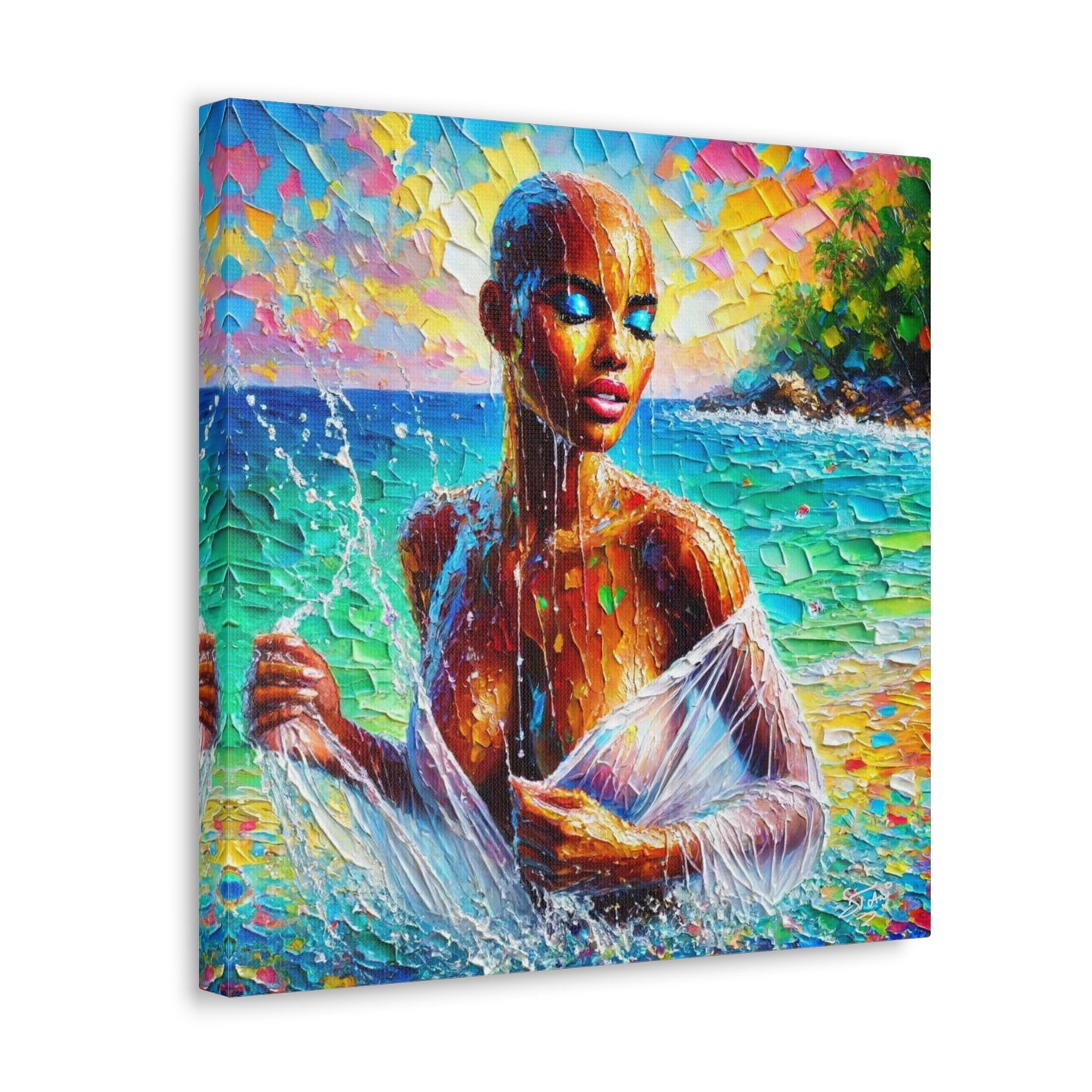 Art Print, Afro-Caribbean Woman, "Sea Bath" Abstract, Oil Finish, West Indian Ethnicity, Cultural, Heritage, Abstract, Canvas Gallery Wrap