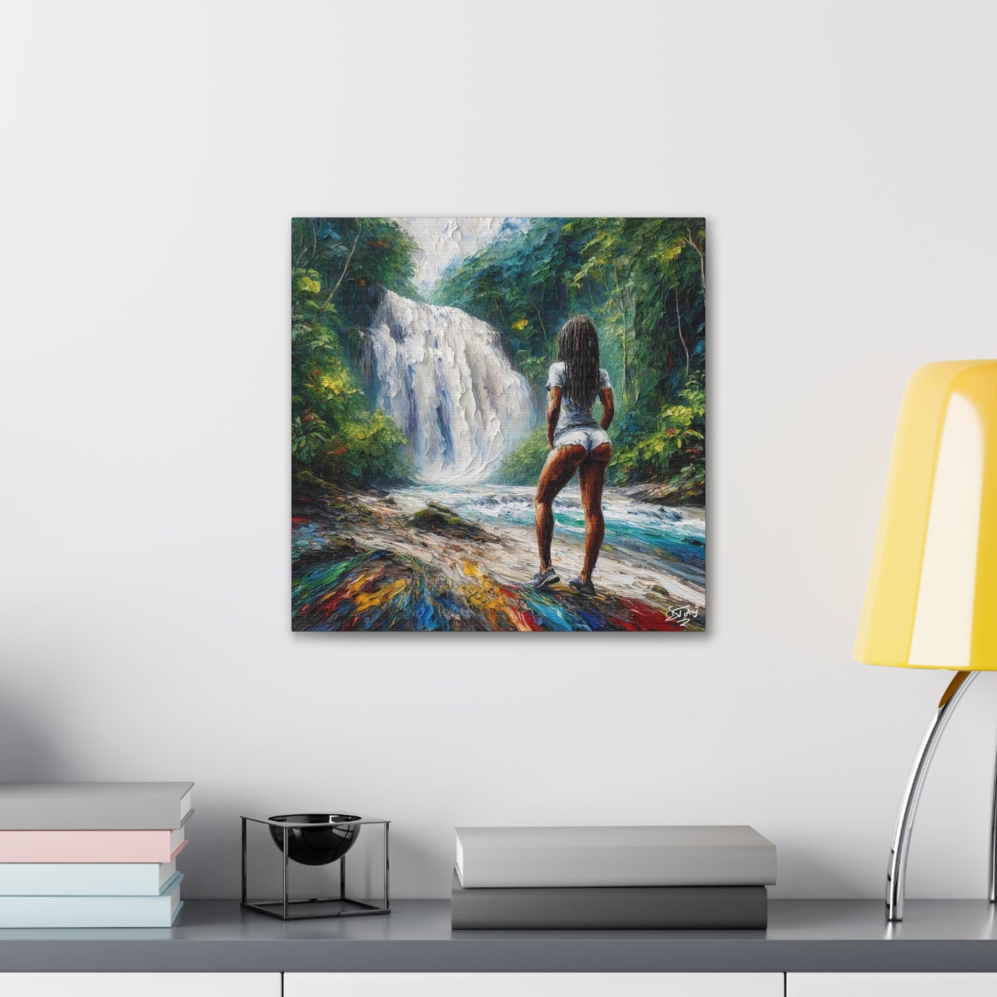 Art Print, Dougla Woman "Chilling at the Waterfall" Oil Finish, West Indian Ethnicity, Cultural, Heritage, Semi-Abstract, Canvas Gallery Wrap