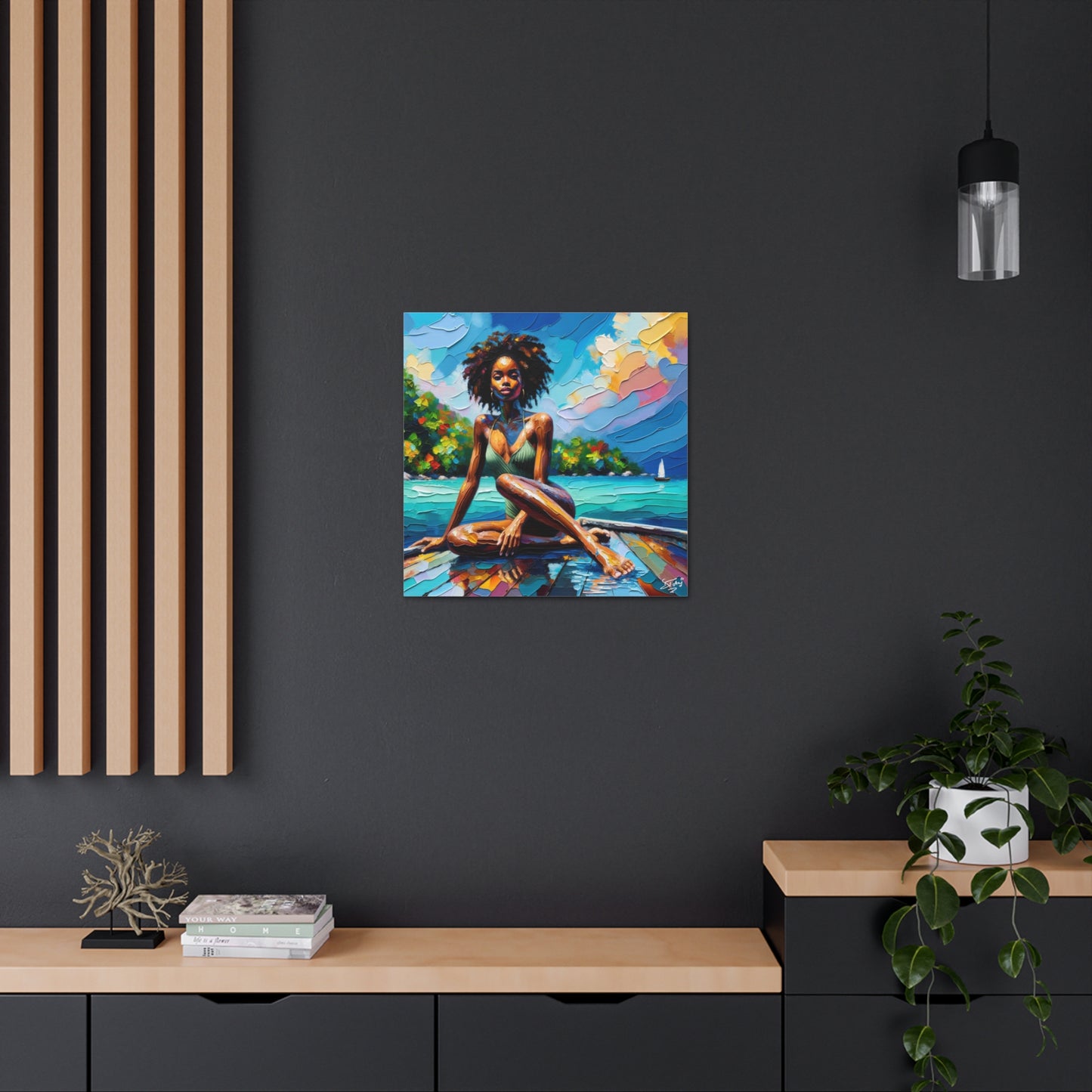 Art Print, Afro-Caribbean Woman "Chilling in the Boat" Oil Finish, West Indian Ethnicity, Cultural, Heritage, Semi-Abstract, Canvas Gallery Wrap