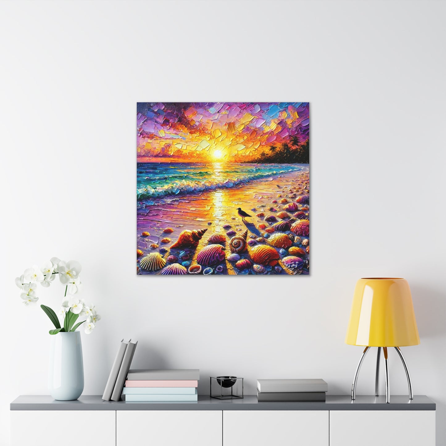 Art Print, Seashells on Caribbean Beach, Sunset, Semi-Abstract, Oil Painting, West Indian Art, Canvas Gallery Wraps