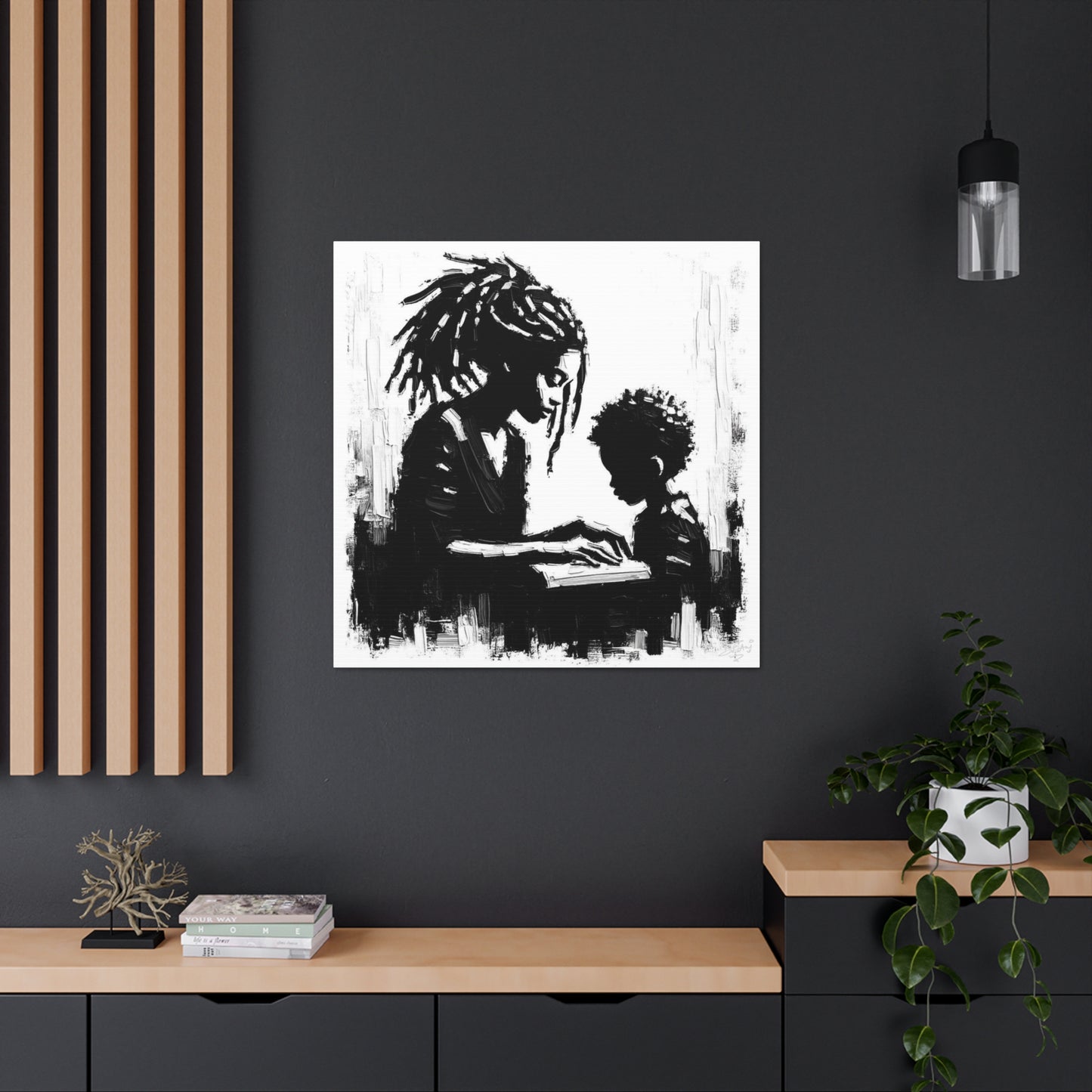 Art Print, Afro-Caribbean Mother & Son, Oil Finish, West Indian Ethnicity, Cultural, Heritage, Semi-Abstract, Canvas Gallery Wrap