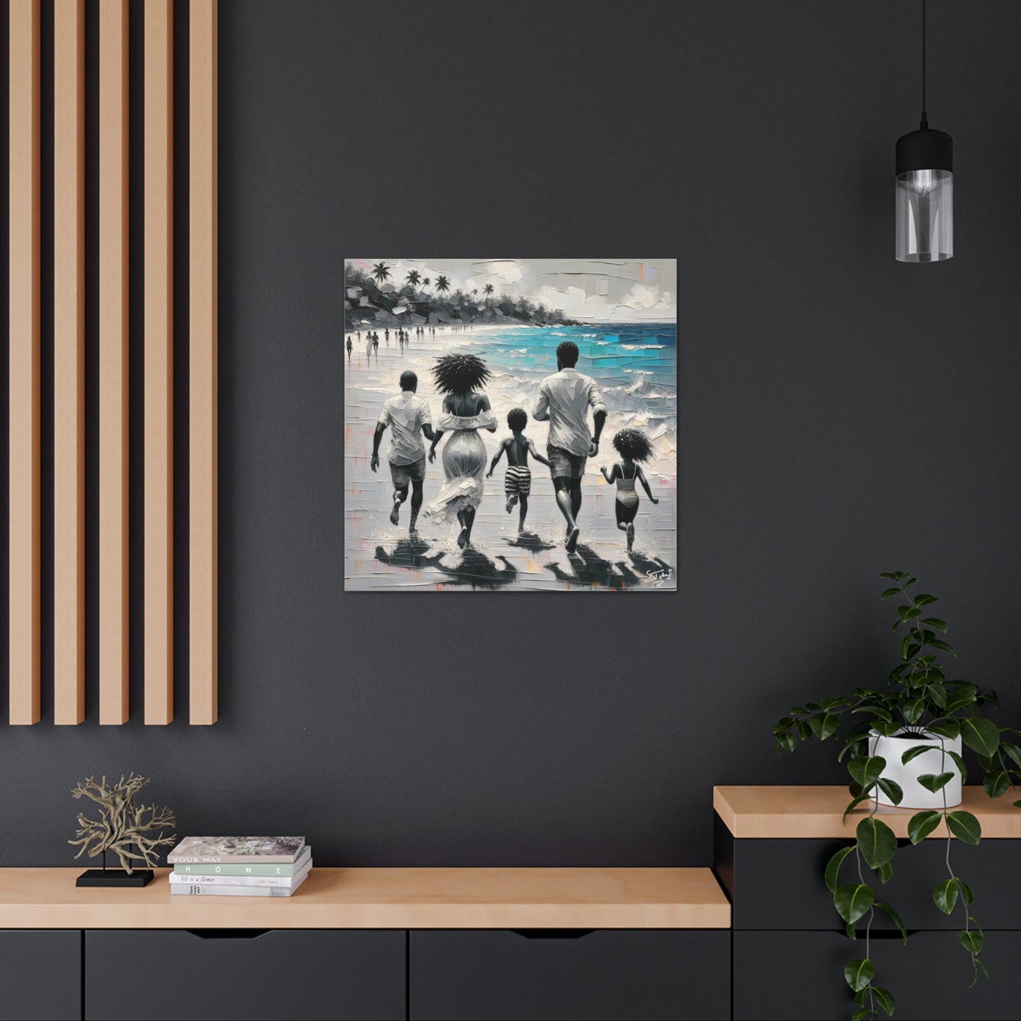 Art Print, Afro-Caribbean Family on the Beach, Oil Finish, West Indian Ethnicity, Cultural, Heritage, Semi-Abstract, Canvas Gallery Wrap