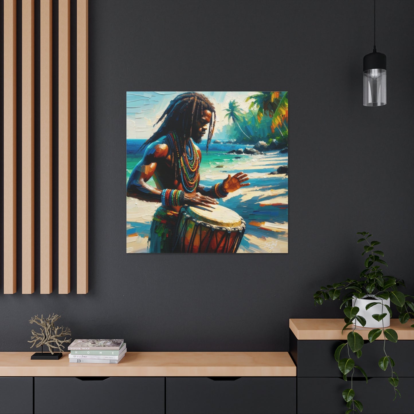 Art Print, Afro-Caribbean Man, "Drumming" Oil Finish, West Indian Ethnicity, Cultural, Heritage, Abstract, Canvas Gallery Wrap