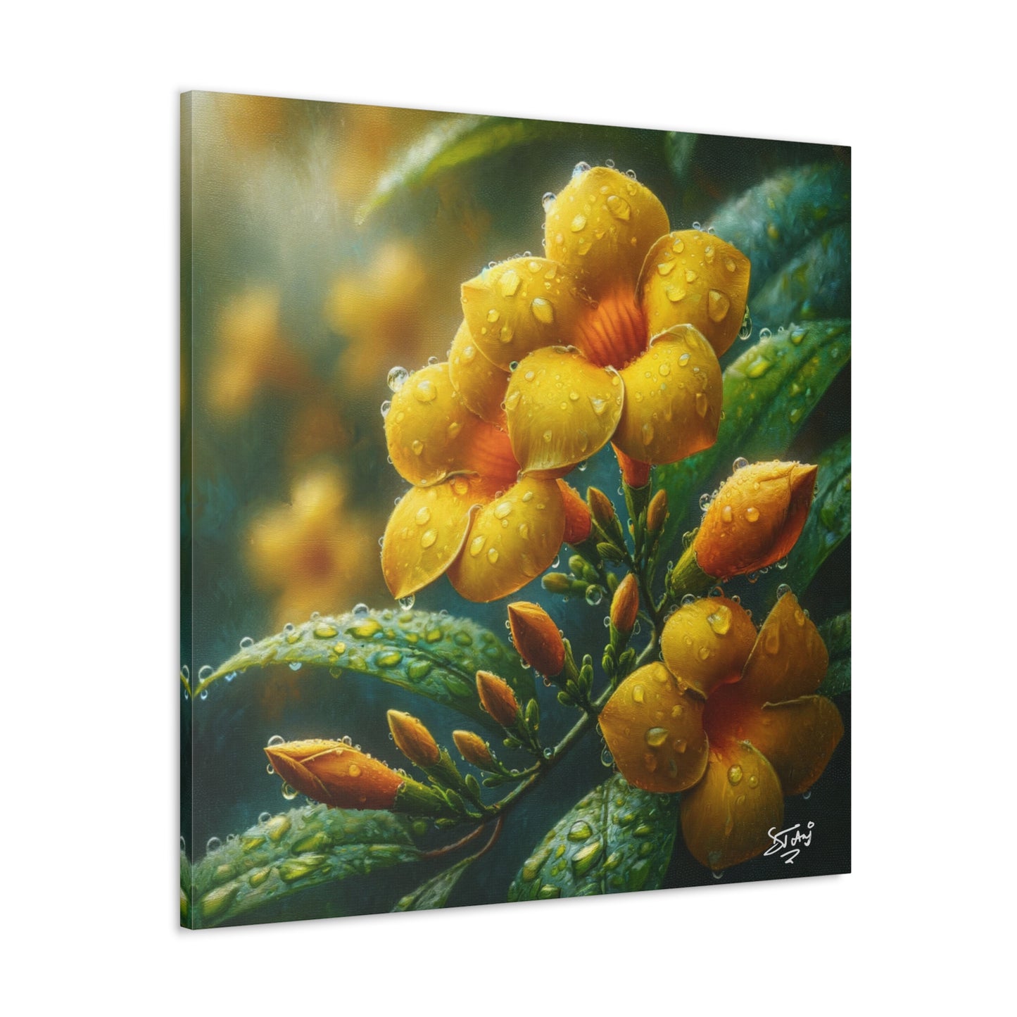 Print#2 of Yellow Allamanda Flowers in the Rain, Oil Paint Finish, Caribbean, Tropical, Canvas Gallery Wraps