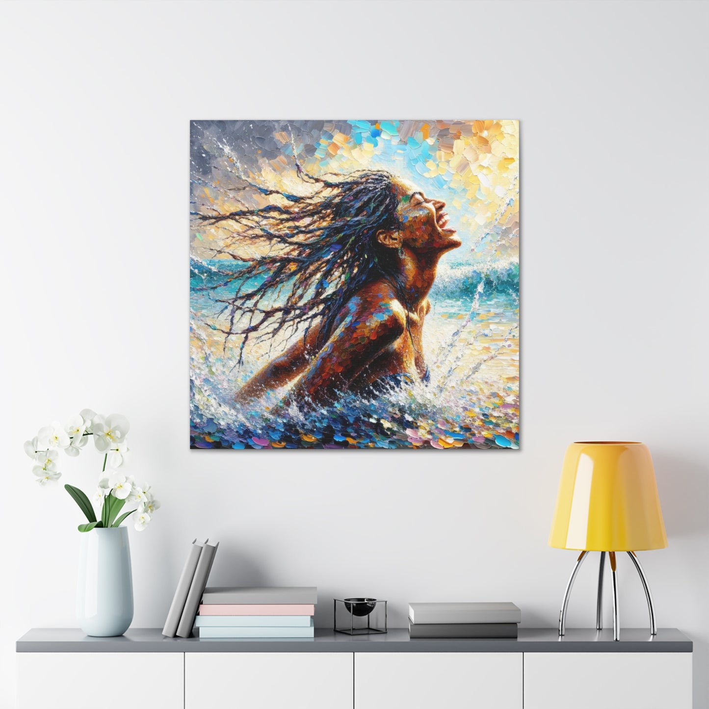 Art Print#2 of Dougla Woman's Exhilaration Captured - Joy, Laughter, Color, Caribbean Sea, Oil Finish, West Indian Art, Canvas Gallery Wraps