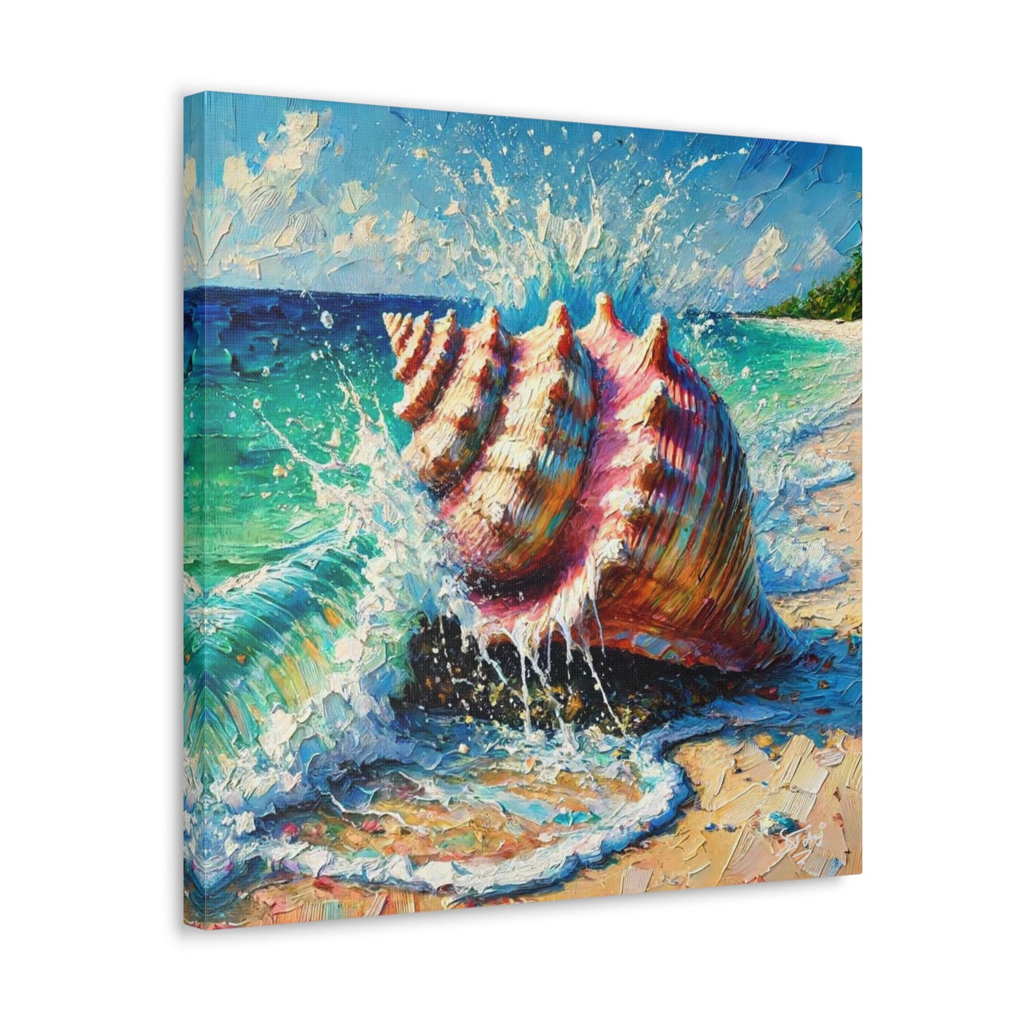 Art Print, Seashell, Caribbean Beach Scene, Abstract, Oil Painting, West Indian Art, Canvas Gallery Wraps