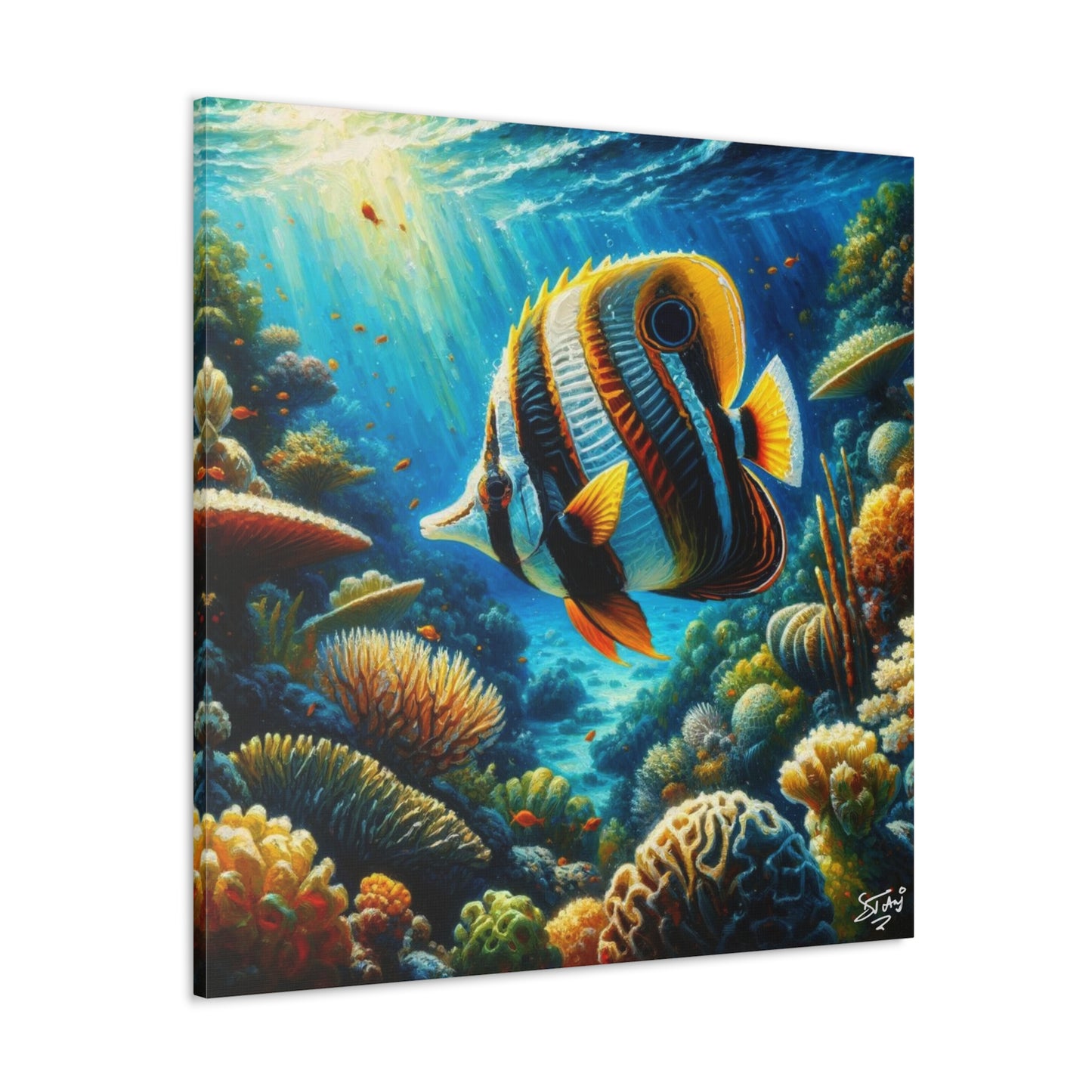 Art Print, Banded Butterflyfish in Coral Reef, Oil Finish, Caribbean Nature, Semi-Abstract, Canvas Gallery Wrap