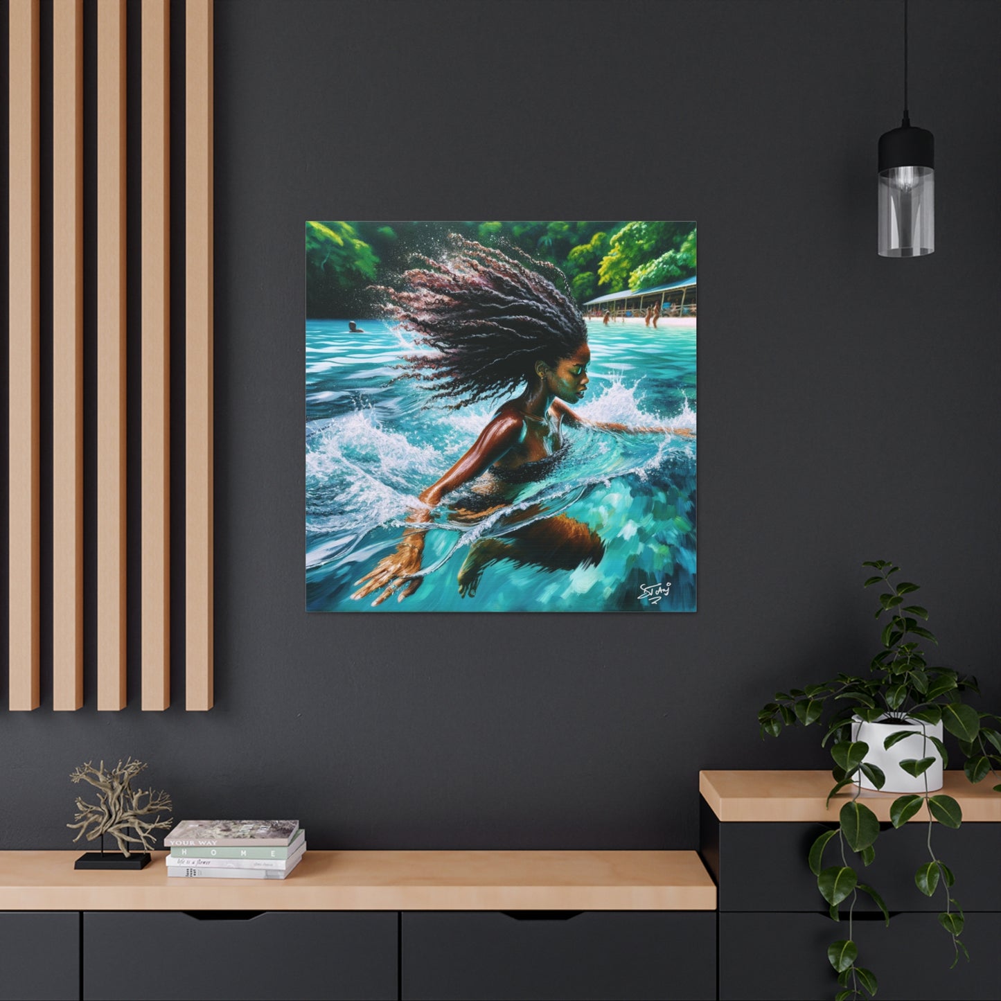 Art Print, Afro-Caribbean Woman, "Sea Bath" Abstract, Oil Finish, West Indian Ethnicity, Cultural, Heritage, Abstract, Canvas Gallery Wrap