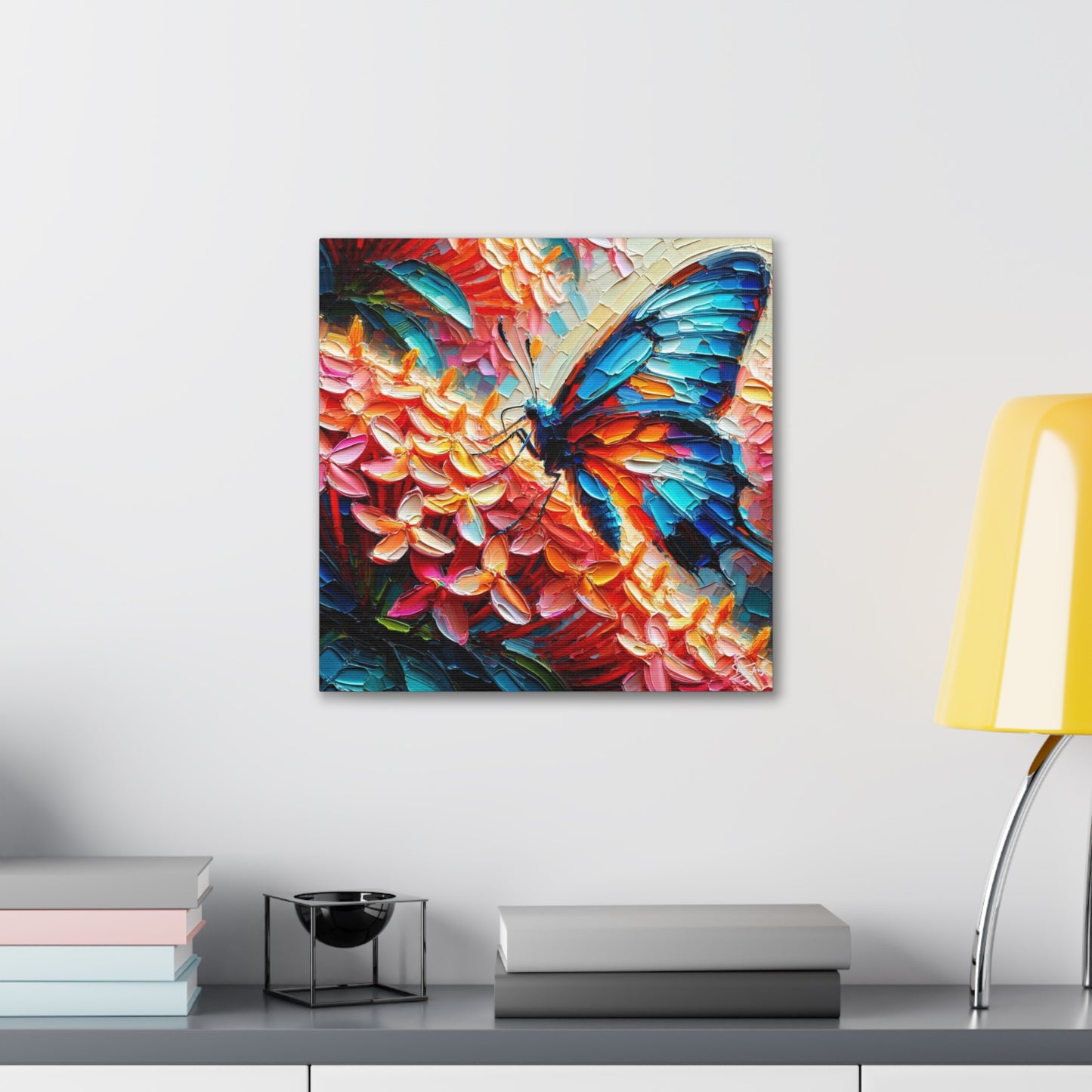 Art Print, Butterfly on Ixoras, Oil Finish, Caribbean Nature, Cultural, Heritage, Semi-Abstract, Canvas Gallery Wrap