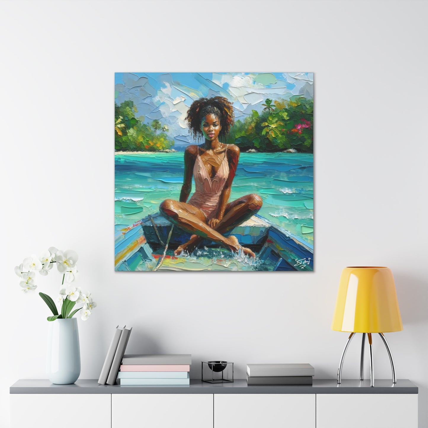 Art Print, Caribbean Woman "Chilling in the Boat" Oil Finish, West Indian Ethnicity, Cultural, Heritage, Semi-Abstract, Canvas Gallery Wrap