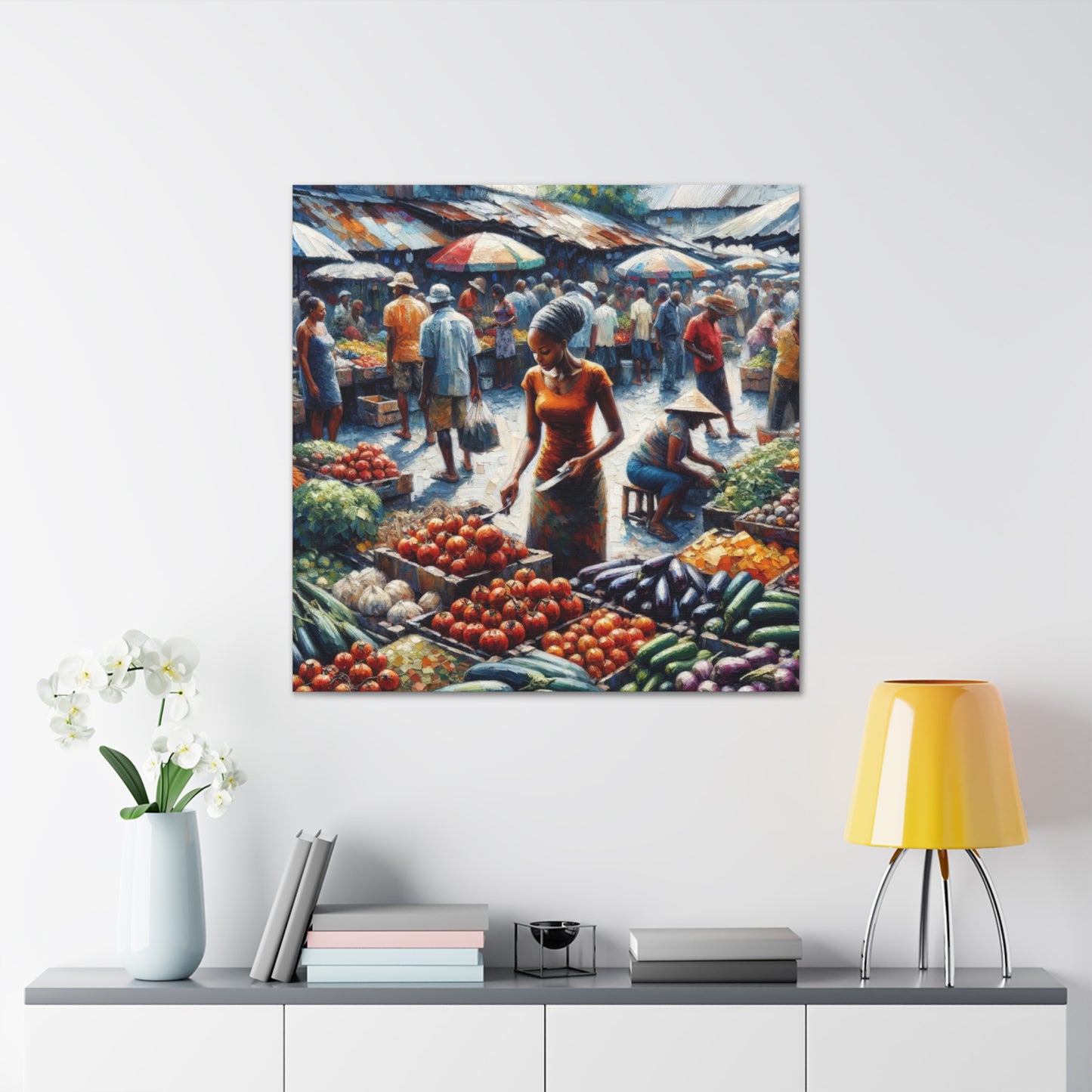 Art Print#4, "Selling at the Market", Market Scene in Trinidad, Caribbean, Oil Finish, West Indian Art, Canvas Gallery Wraps