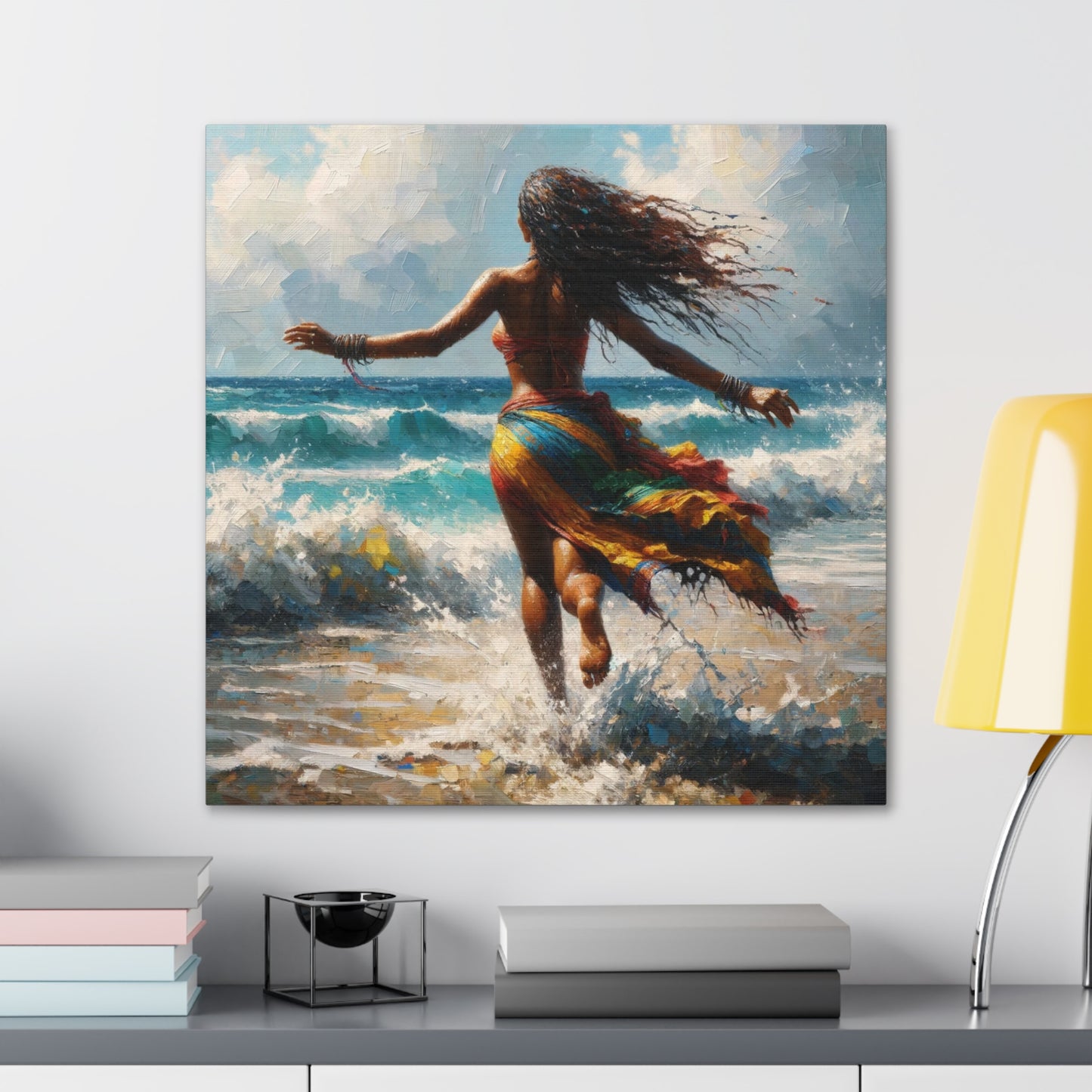 Art Print#2, East Indian Woman from Trinidad running into the Atlantic Ocean, Caribbean, Oil Finish, West Indian Art, Canvas Gallery Wraps