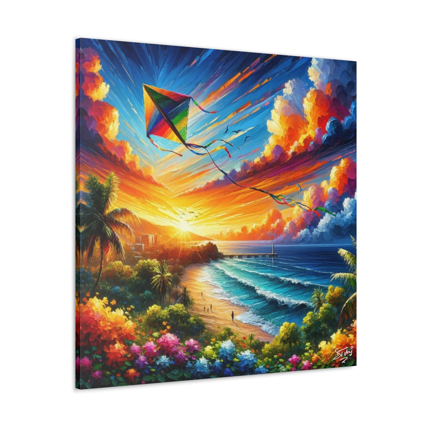 Art Print of Caribbean Sunset "Flying Kite," West Indian Art, Canvas Gallery Wraps