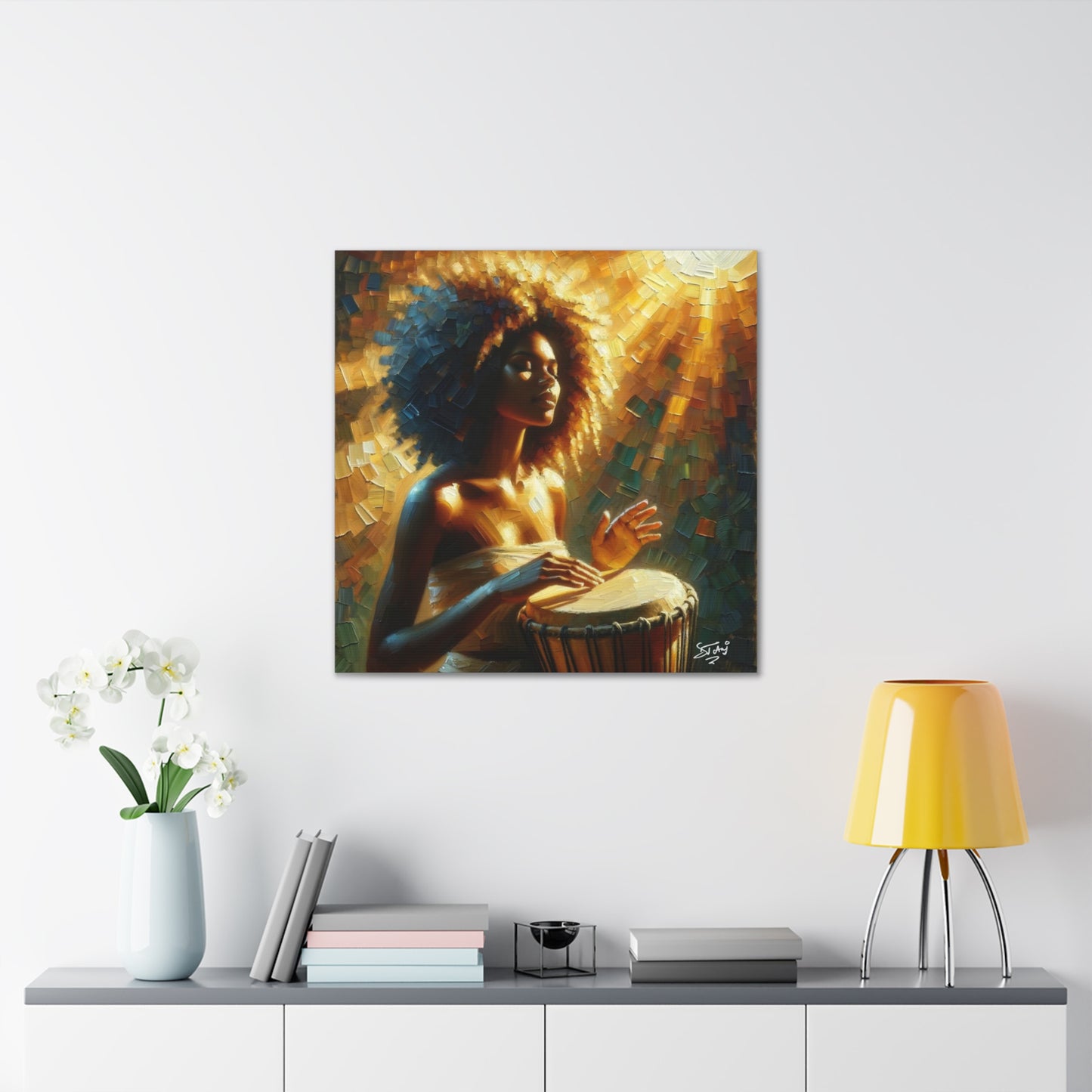 Art Print, Afro-Caribbean Woman, "Drumming" Oil Finish, West Indian Ethnicity, Cultural, Heritage, Abstract, Canvas Gallery Wrap