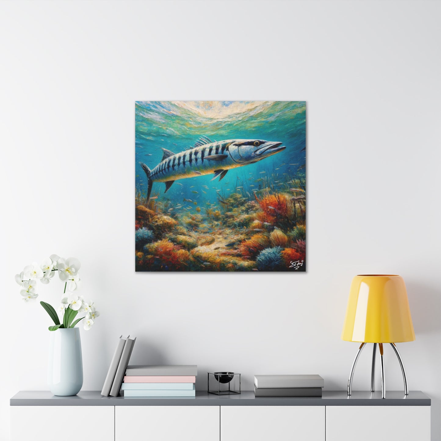 Art Print, Great Barracuda, Oil Finish, Caribbean Nature, Canvas Gallery Wrap