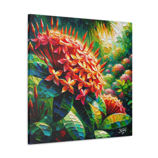 Art Print of Ixora Flowers, Oil Finish, West Indian Art, Canvas Gallery Wraps