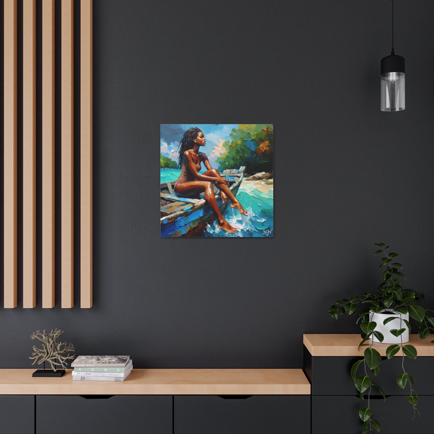 Art Print, Afro-Caribbean Woman "Chilling in the Boat (3)" Oil Finish, West Indian Ethnicity, Cultural, Heritage, Semi-Abstract, Canvas Gallery Wrap