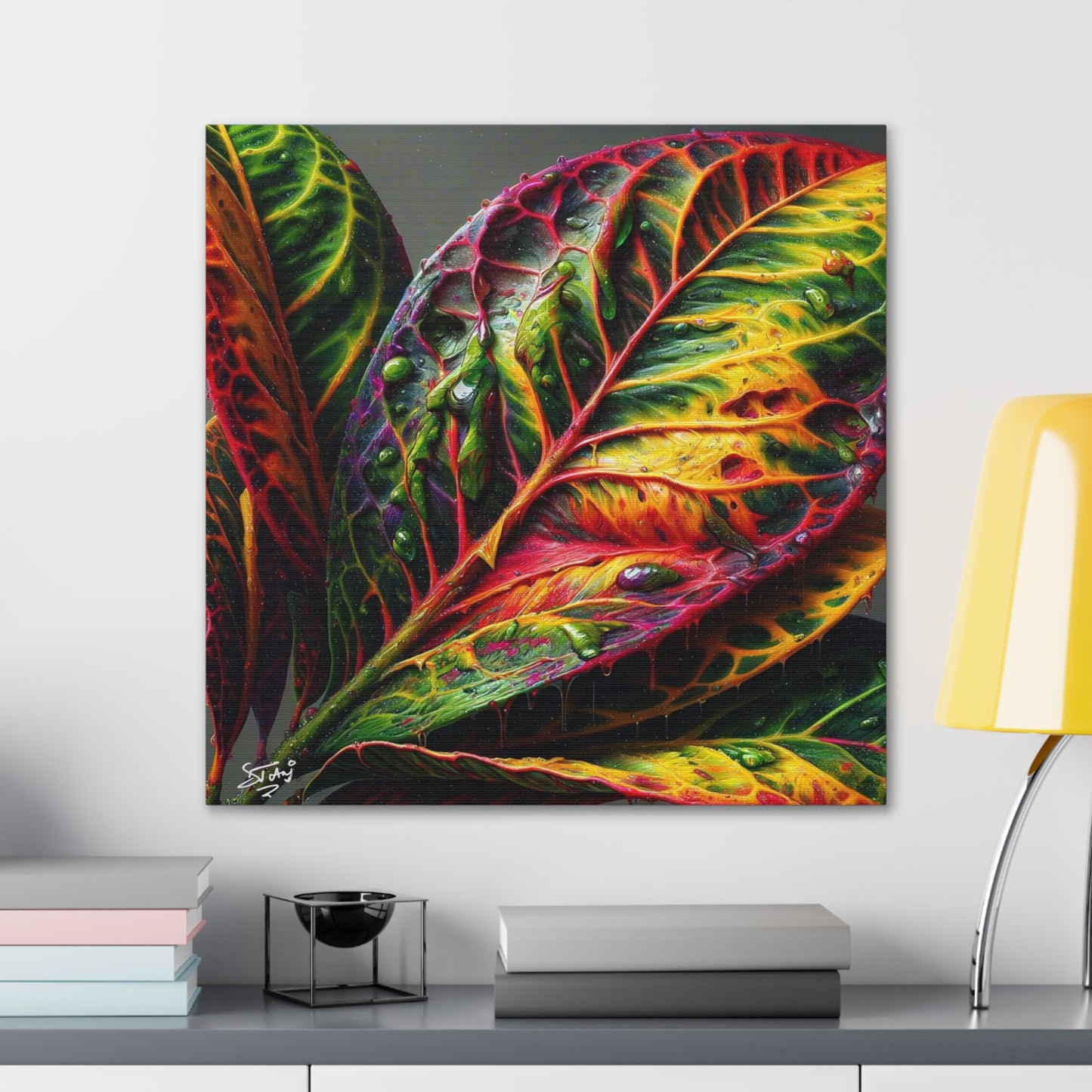 Oil Print#2 of Croton Plant, Close-up, Still Wet from Recent Rain, Caribbean, Tropical Plant, Canvas Gallery Wraps