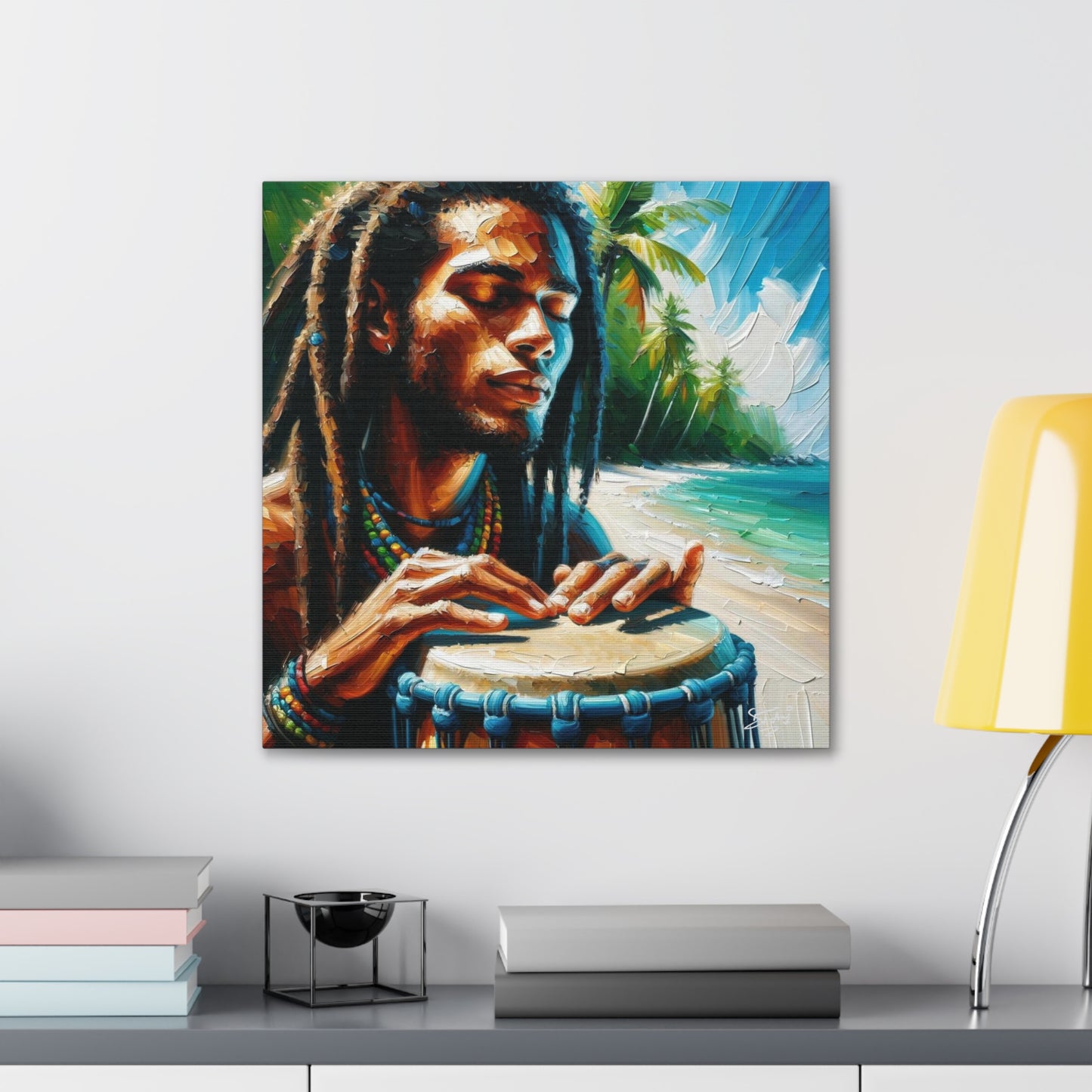 Art Print, Afro-Caribbean Man, "Drumming" Oil Finish, West Indian Ethnicity, Cultural, Heritage, Abstract, Canvas Gallery Wrap