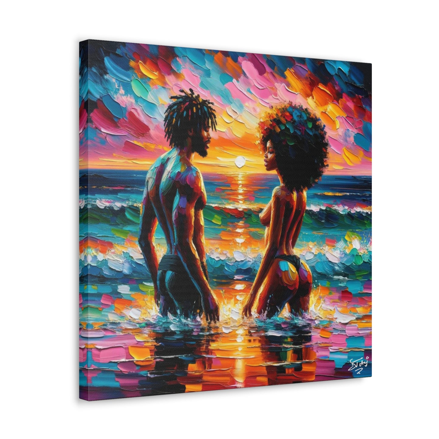 Art Print, Afro-Caribbean Couple in the Ocean, Oil Finish, West Indian Ethnicity, Cultural, Heritage, Semi-Abstract, Canvas Gallery Wrap