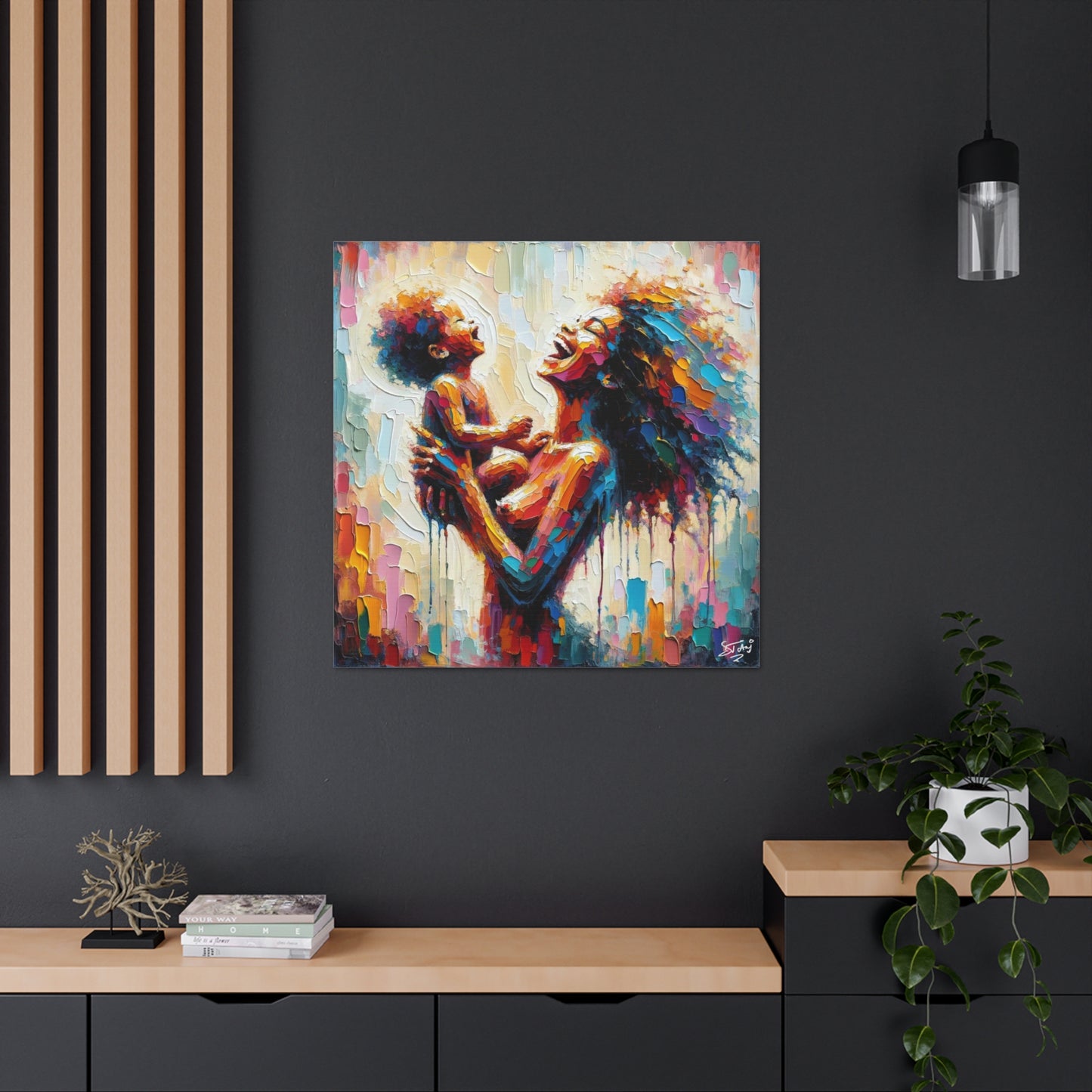 Art Print, Afro-Caribbean Woman & Child, Oil Finish, West Indian Ethnicity, Cultural, Heritage, Semi-Abstract, Canvas Gallery Wrap