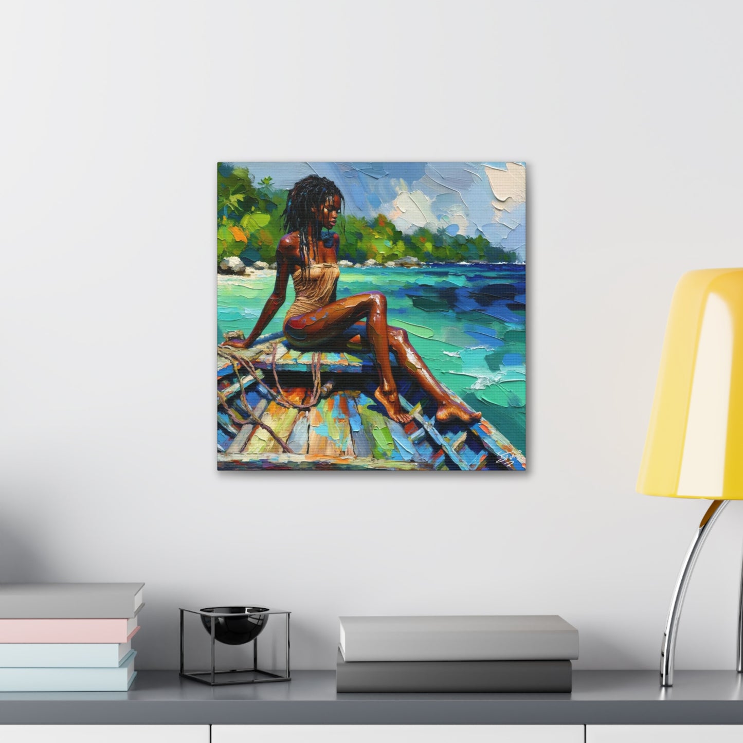 Art Print, Caribbean Woman "Chilling in the Boat" Oil Finish, West Indian Ethnicity, Cultural, Heritage, Semi-Abstract, Canvas Gallery Wrap